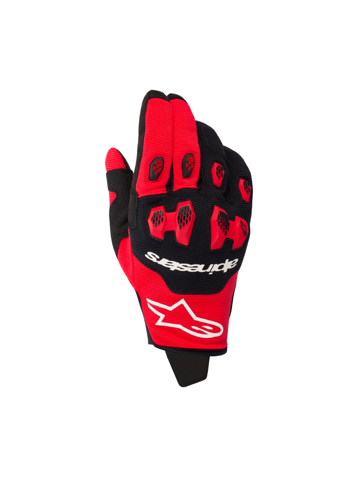 Gants Alpinestars Pro-Dura 2026, gants de motocross, rouge vif et noir, avec protection des articulations en TPR rouge et inserts noirs en nid d'abeille, logos de la marque blancs, construction extensible multi-panneaux pour la course tout-terrain
