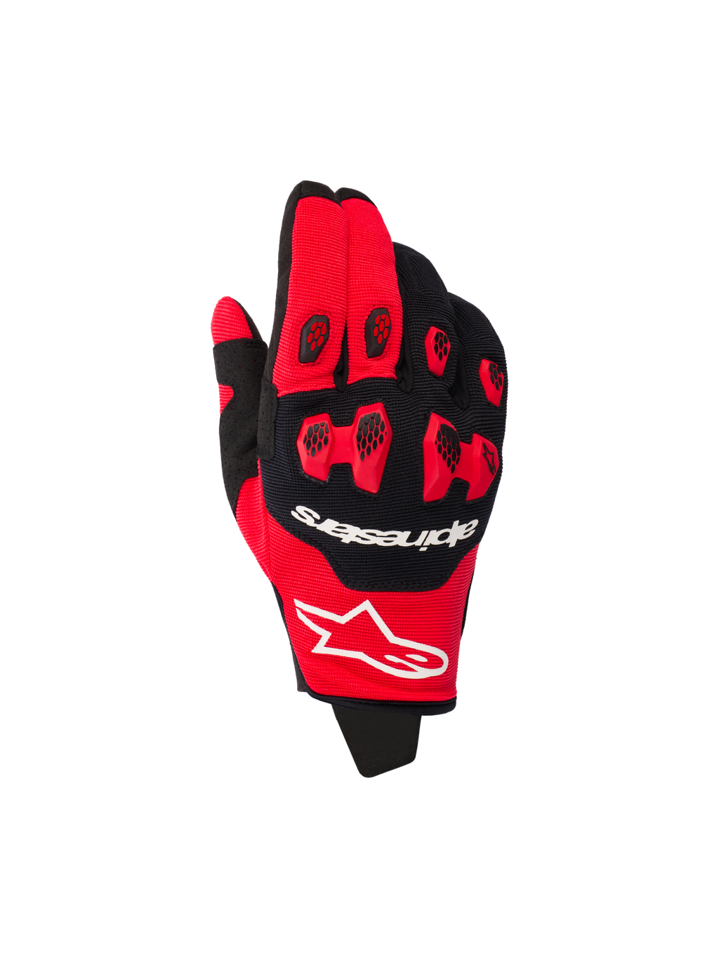 Gants Alpinestars Pro-Dura 2026, gants de motocross, rouge vif et noir, avec protection des articulations en TPR rouge et inserts noirs en nid d'abeille, logos de la marque blancs, construction extensible multi-panneaux pour la course tout-terrain