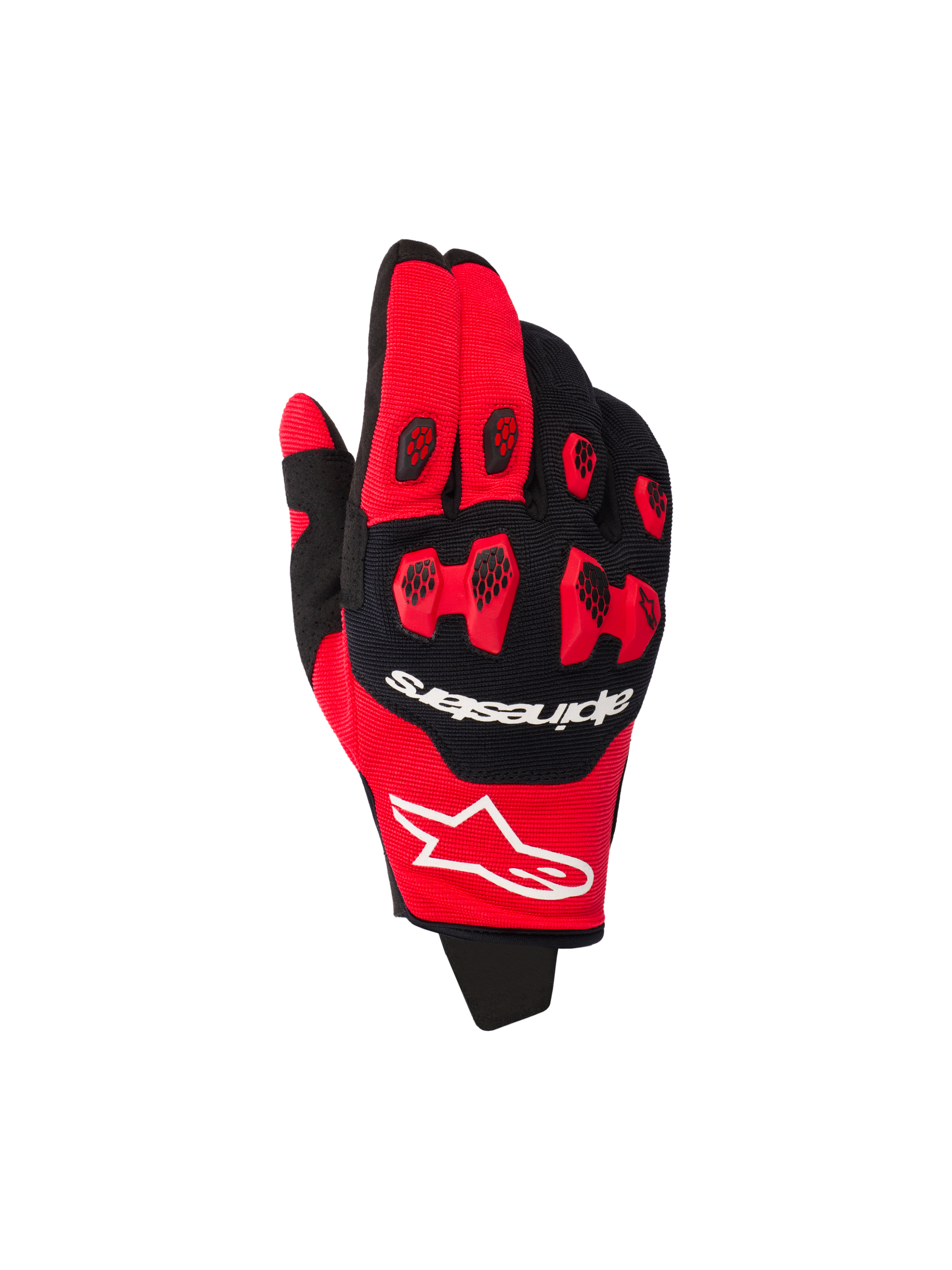 Gants Alpinestars Pro-Dura 2026, gants de motocross, rouge vif et noir, avec protection des articulations en TPR rouge et inserts noirs en nid d'abeille, logos de la marque blancs, construction extensible multi-panneaux pour la course tout-terrain