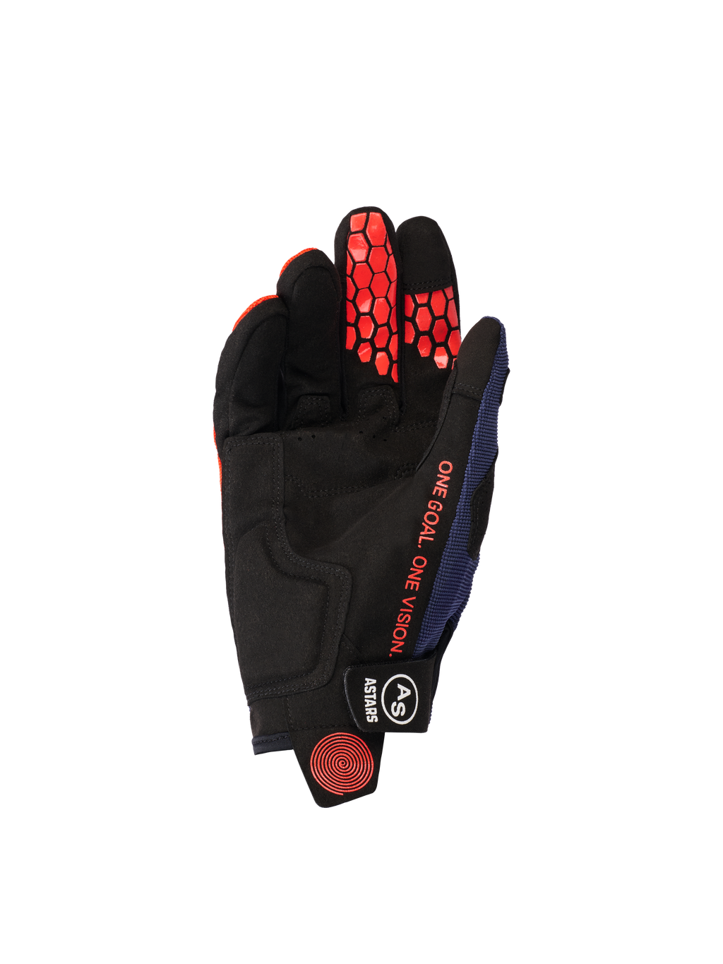 Gants Alpinestars Pro-Dura 2026, vue côté paume, Bleu Marine, Orange Vif et Blanc, paume en suède synthétique noire avec grip hexagonal en silicone orange sur les doigts, texte orange 'ONE GOAL. ONE VISION.', et fermeture du poignet noire avec logo blanc