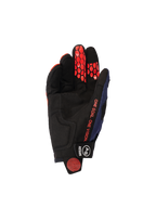 Gants Alpinestars Pro-Dura 2026, vue côté paume, Bleu Marine, Orange Vif et Blanc, paume en suède synthétique noire avec grip hexagonal en silicone orange sur les doigts, texte orange 'ONE GOAL. ONE VISION.', et fermeture du poignet noire avec logo blanc