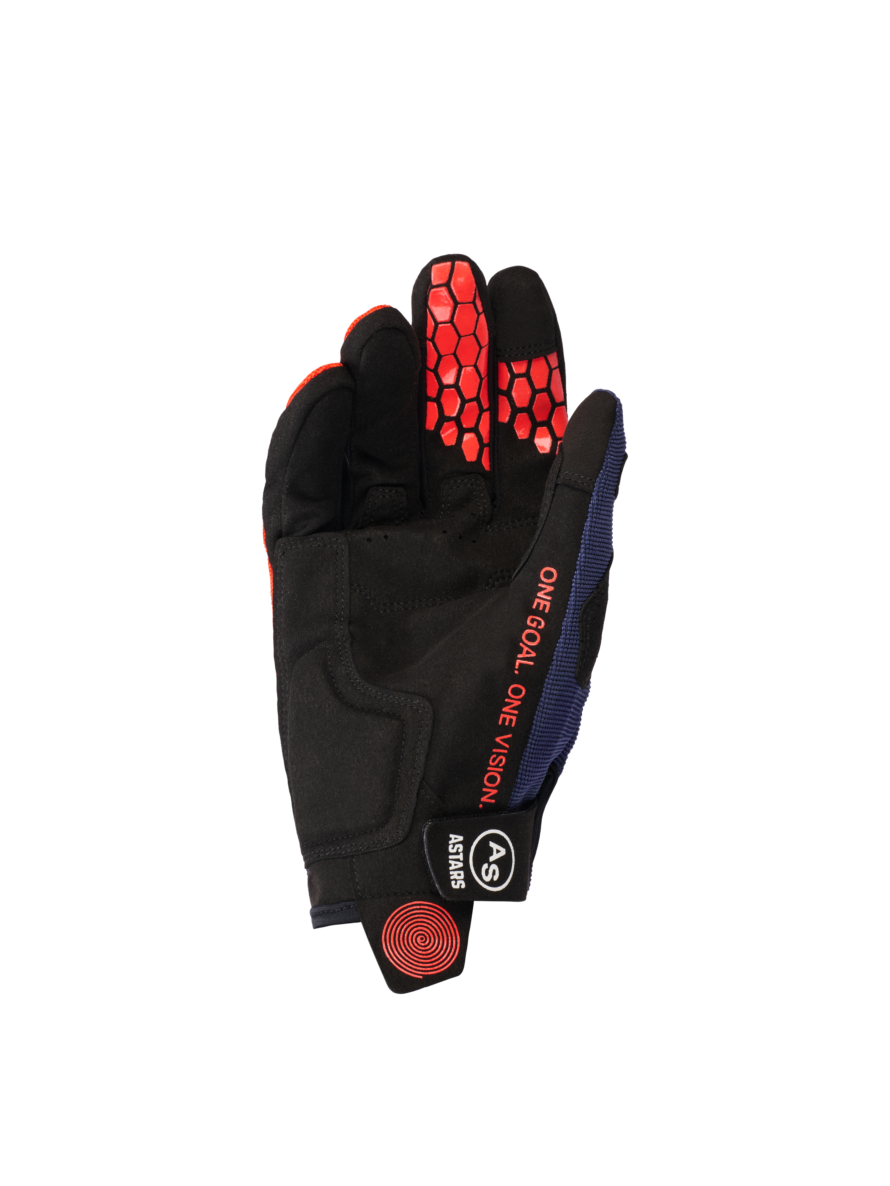 Gants Alpinestars Pro-Dura 2026, vue côté paume, Bleu Marine, Orange Vif et Blanc, paume en suède synthétique noire avec grip hexagonal en silicone orange sur les doigts, texte orange 'ONE GOAL. ONE VISION.', et fermeture du poignet noire avec logo blanc