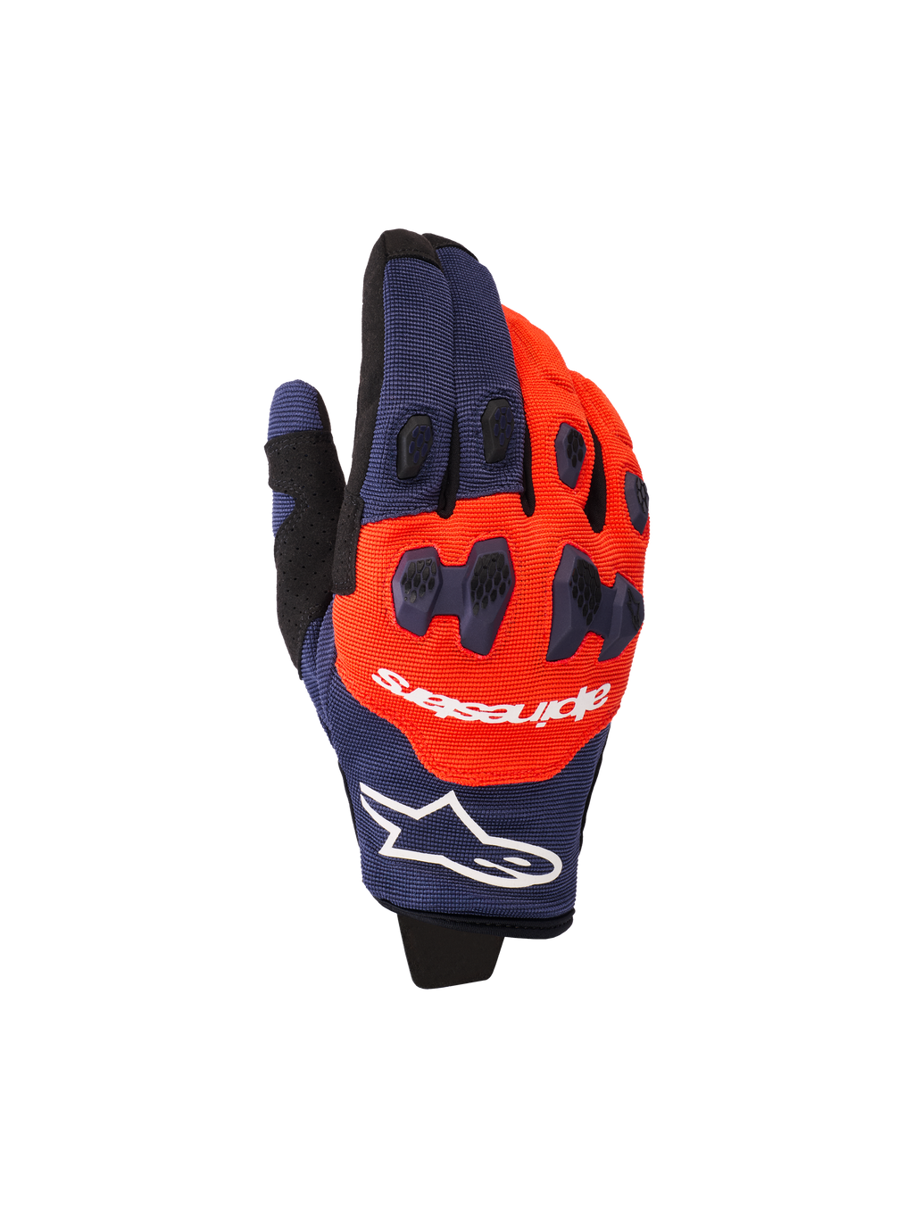 Gants Alpinestars Pro-Dura 2026, gants de motocross et d'enduro, bleu marine et orange vif avec accents blancs, protection des articulations en TPR en deux parties, logo Alpinestars sur le dos de la main, construction multi-panneaux flexible