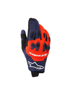 Gants Alpinestars Pro-Dura 2026, gants de motocross et d'enduro, bleu marine et orange vif avec accents blancs, protection des articulations en TPR en deux parties, logo Alpinestars sur le dos de la main, construction multi-panneaux flexible