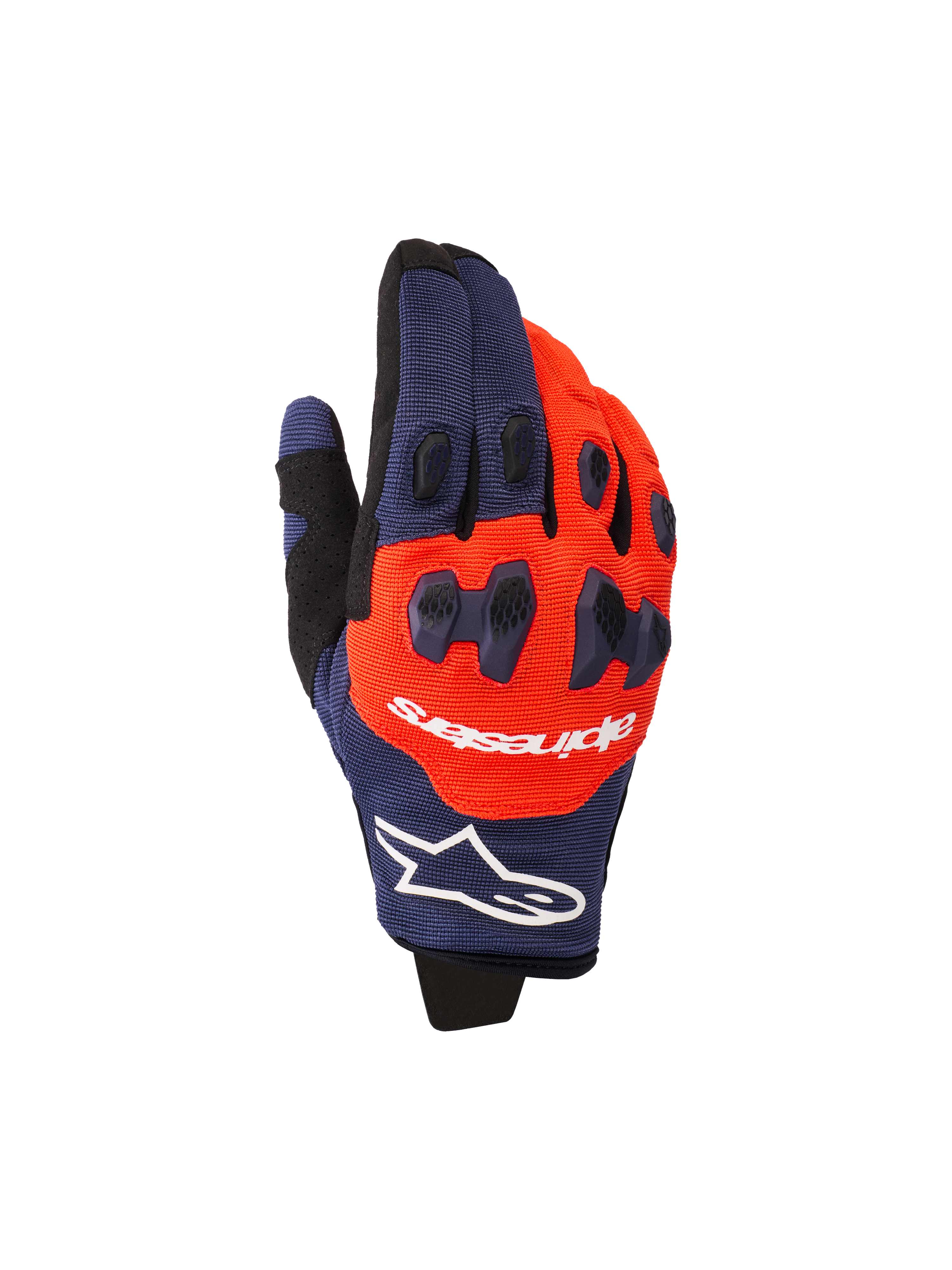 Gants Alpinestars Pro-Dura 2026, gants de motocross et d'enduro, bleu marine et orange vif avec accents blancs, protection des articulations en TPR en deux parties, logo Alpinestars sur le dos de la main, construction multi-panneaux flexible