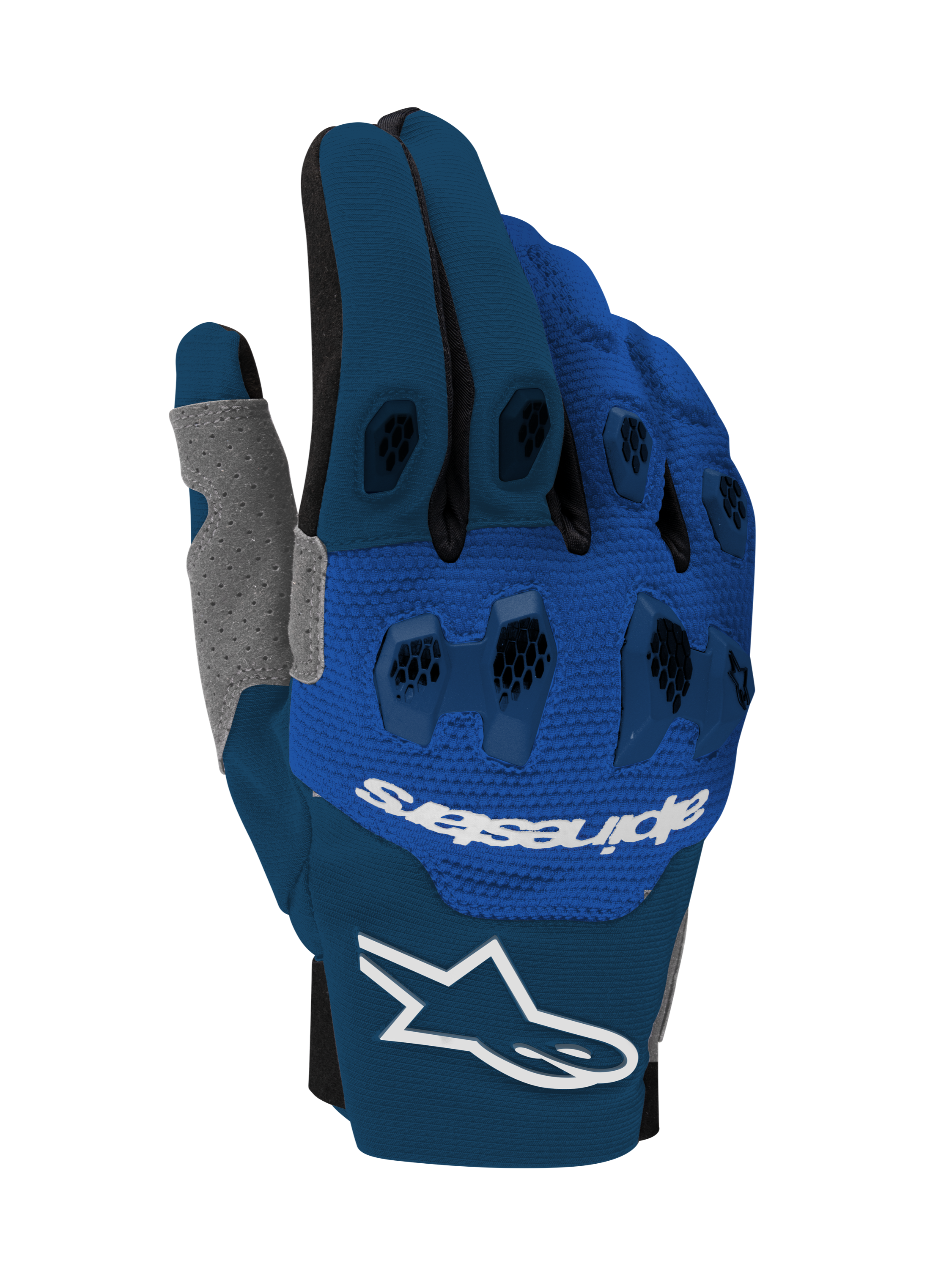 Gants Alpinestars Pro-Dura 2026, gants de motocross et d'enduro, bleu marine, bleu éclatant et blanc, dotés de protège-articulations en TPR en deux parties, construction multi-panneaux extensible, logo Alpinestars blanc sur le poignet et marquage sur le revers, design technique tout-terrain