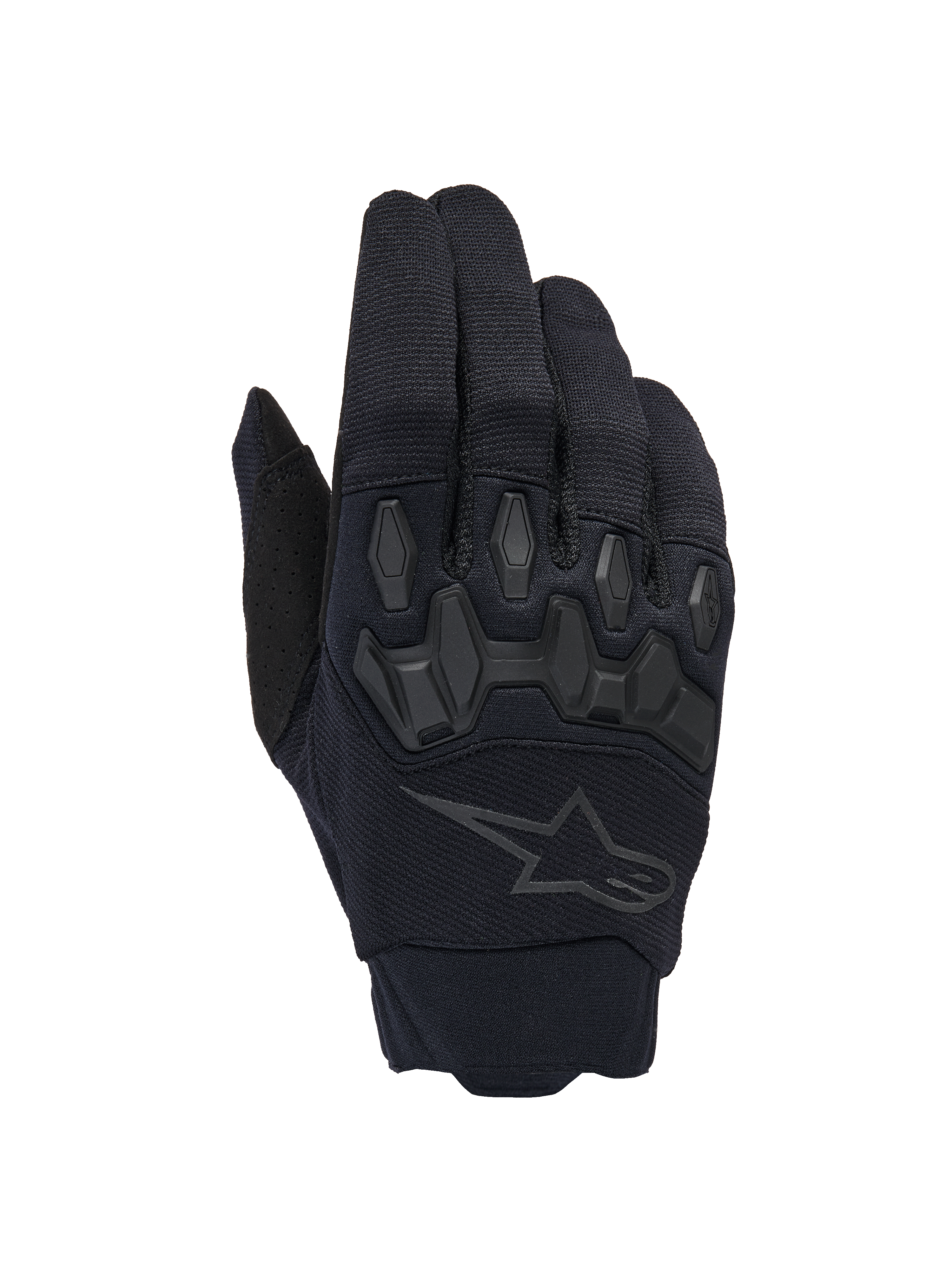 Gants Alpinestars Full Bore V2, gants de motocross noirs, dotés de protections d'articulations ergonomiques en TPR et d'un tissu extensible respirant, logo étoile noir discret sur le dessus de la main, équipement tout-terrain haute performance