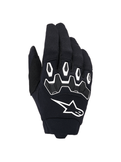 Alpinestars Full Bore V2 handschoenen, motorcrosshandschoenen, zwart en wit, bovenzijde met ergonomische TPR-knokkelbescherming met zeshoekige vormen, wit Alpinestars-logo, ademende stretch textielconstructie, duurzame off-road race-uitrusting