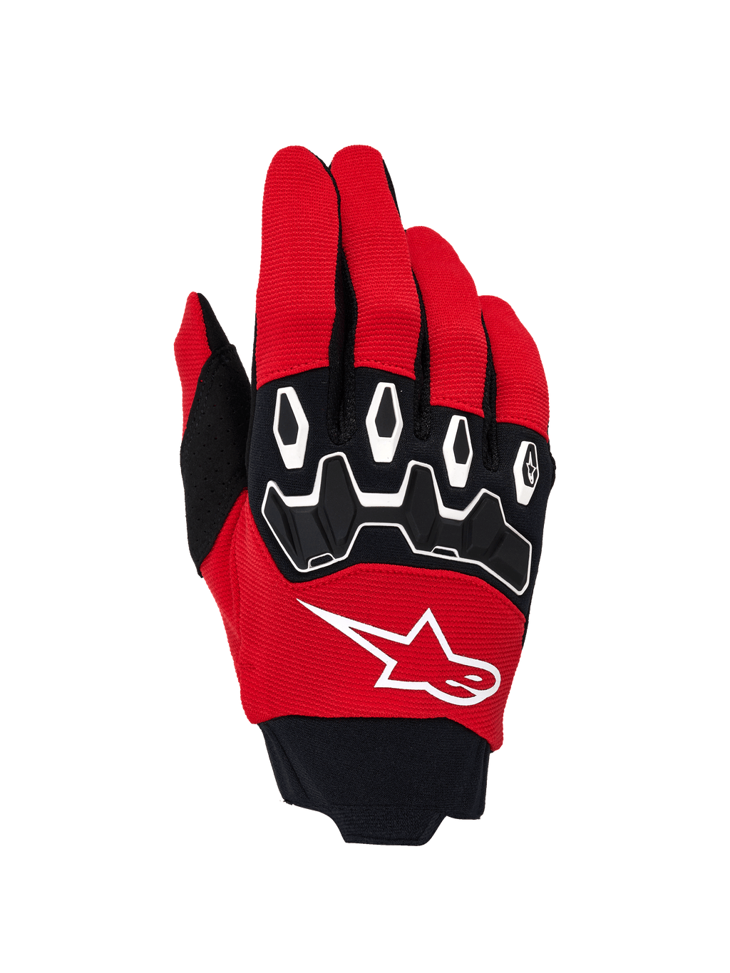 Alpinestars Full Bore V2 Gloves, Motocross Gloves, Bright Red and Black, featuring a white star logo on the backhand, ergonomic TPR knuckle protectors with white highlights, and breathable stretch fabric for off-road performance