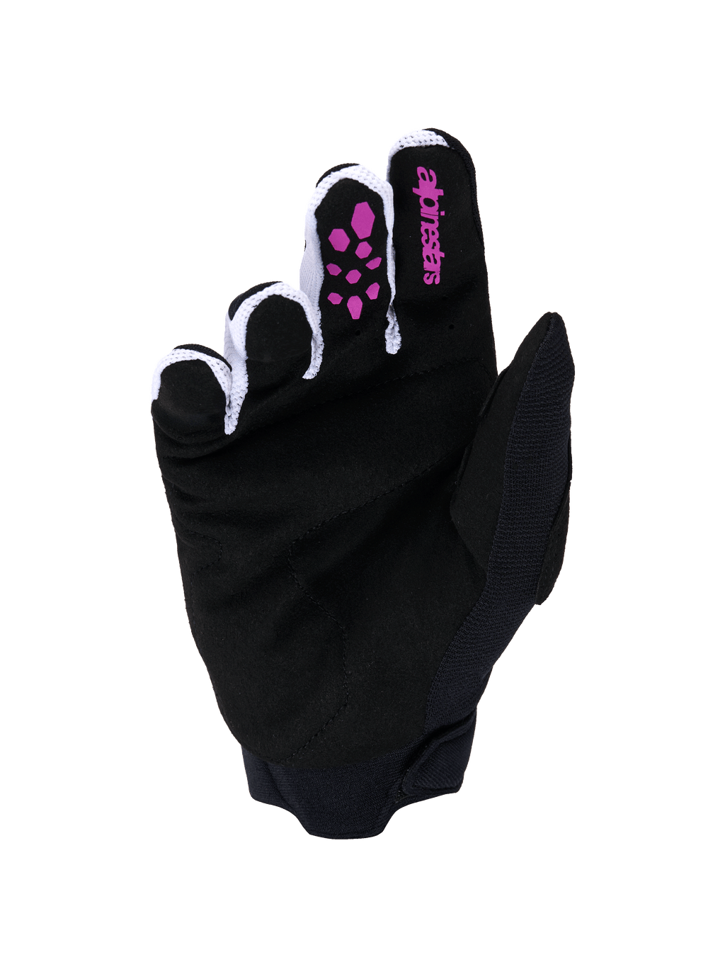 Gants Alpinestars Full Bore V2, gants de motocross, violet et noir, vue de la paume avec suède synthétique noir, grip en silicone violet sur les doigts, logo Alpinestars sur l'index, mesh ventilé blanc entre les doigts et poignet en néoprène noir