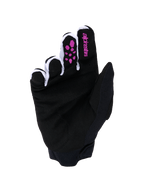 Gants Alpinestars Full Bore V2, gants de motocross, violet et noir, vue de la paume avec suède synthétique noir, grip en silicone violet sur les doigts, logo Alpinestars sur l'index, mesh ventilé blanc entre les doigts et poignet en néoprène noir