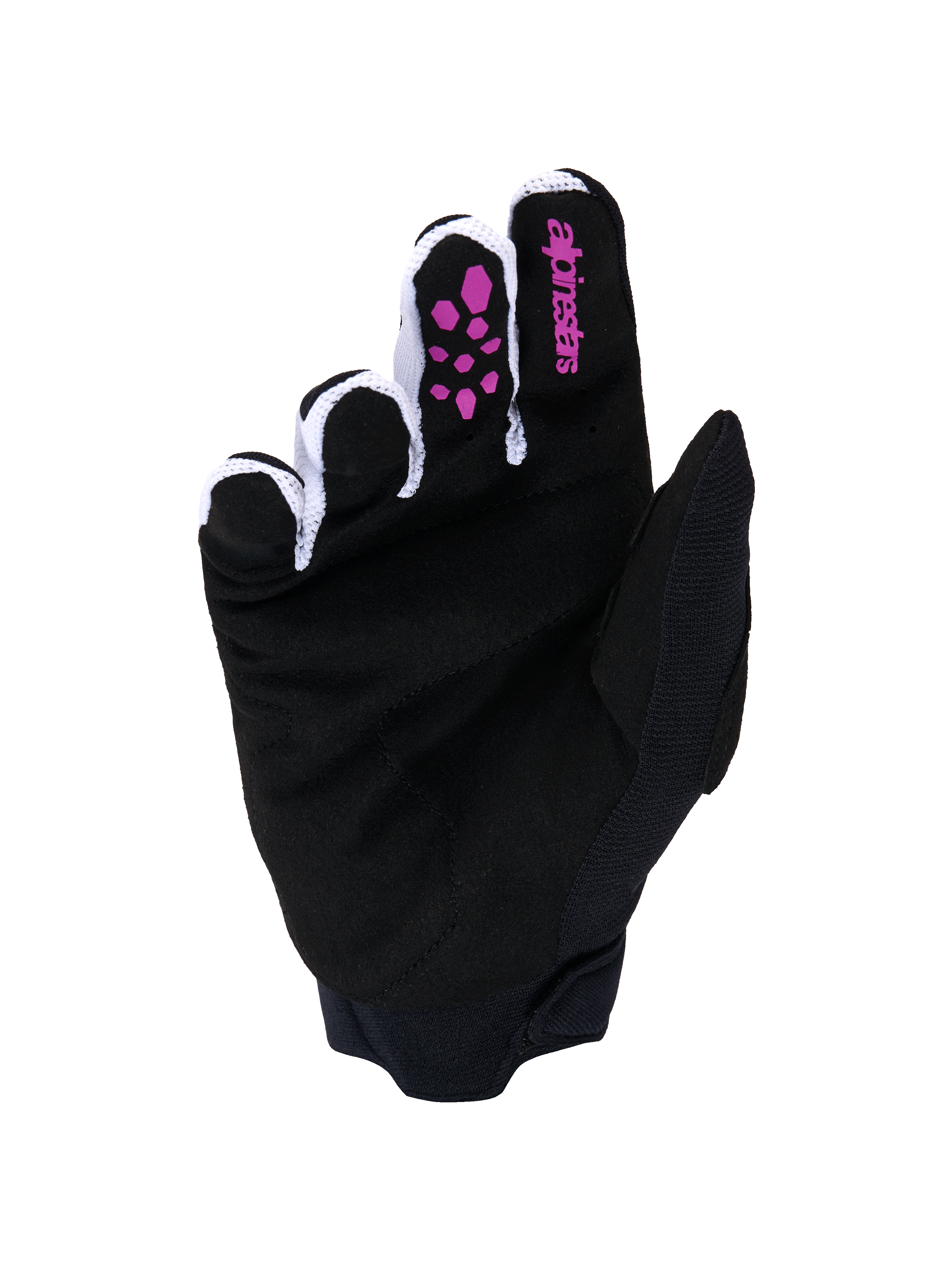 Gants Alpinestars Full Bore V2, gants de motocross, violet et noir, vue de la paume avec suède synthétique noir, grip en silicone violet sur les doigts, logo Alpinestars sur l'index, mesh ventilé blanc entre les doigts et poignet en néoprène noir