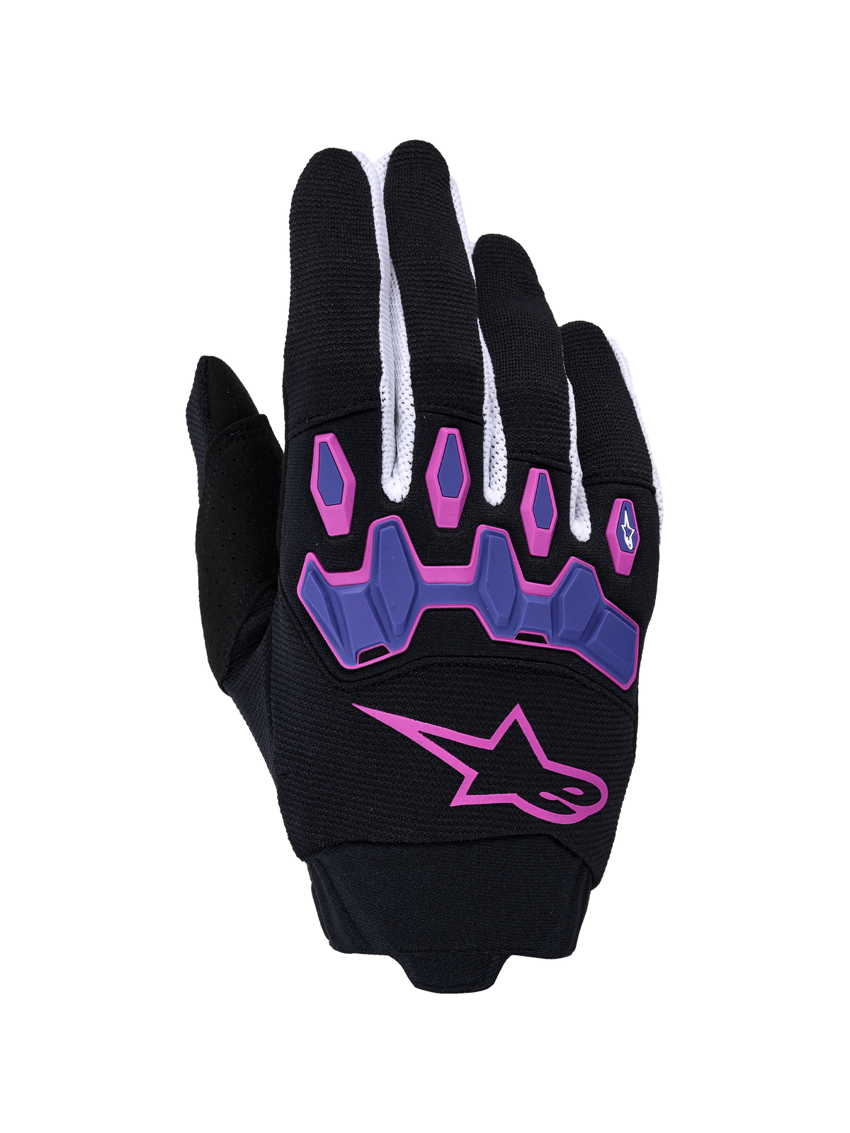 Gants Alpinestars Full Bore V2, gants de motocross, noir et violet avec des accents roses, dotés d'un grand logo étoile rose et de protections d'articulations violettes articulées, empiècements en mesh blanc sur les doigts, équipement de performance tout-terrain