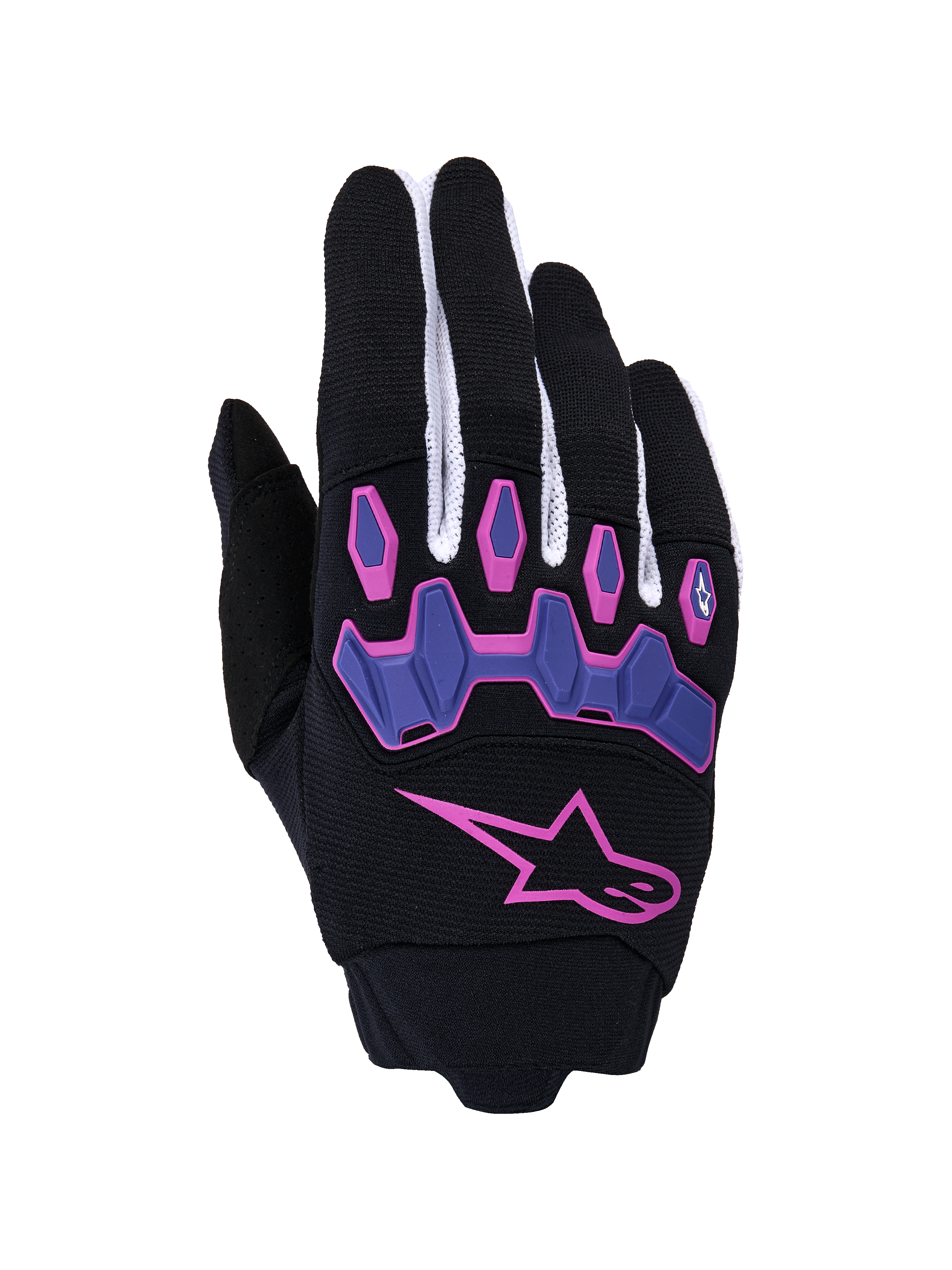 Gants Alpinestars Full Bore V2, gants de motocross, noir et violet avec des accents roses, dotés d'un grand logo étoile rose et de protections d'articulations violettes articulées, empiècements en mesh blanc sur les doigts, équipement de performance tout-terrain