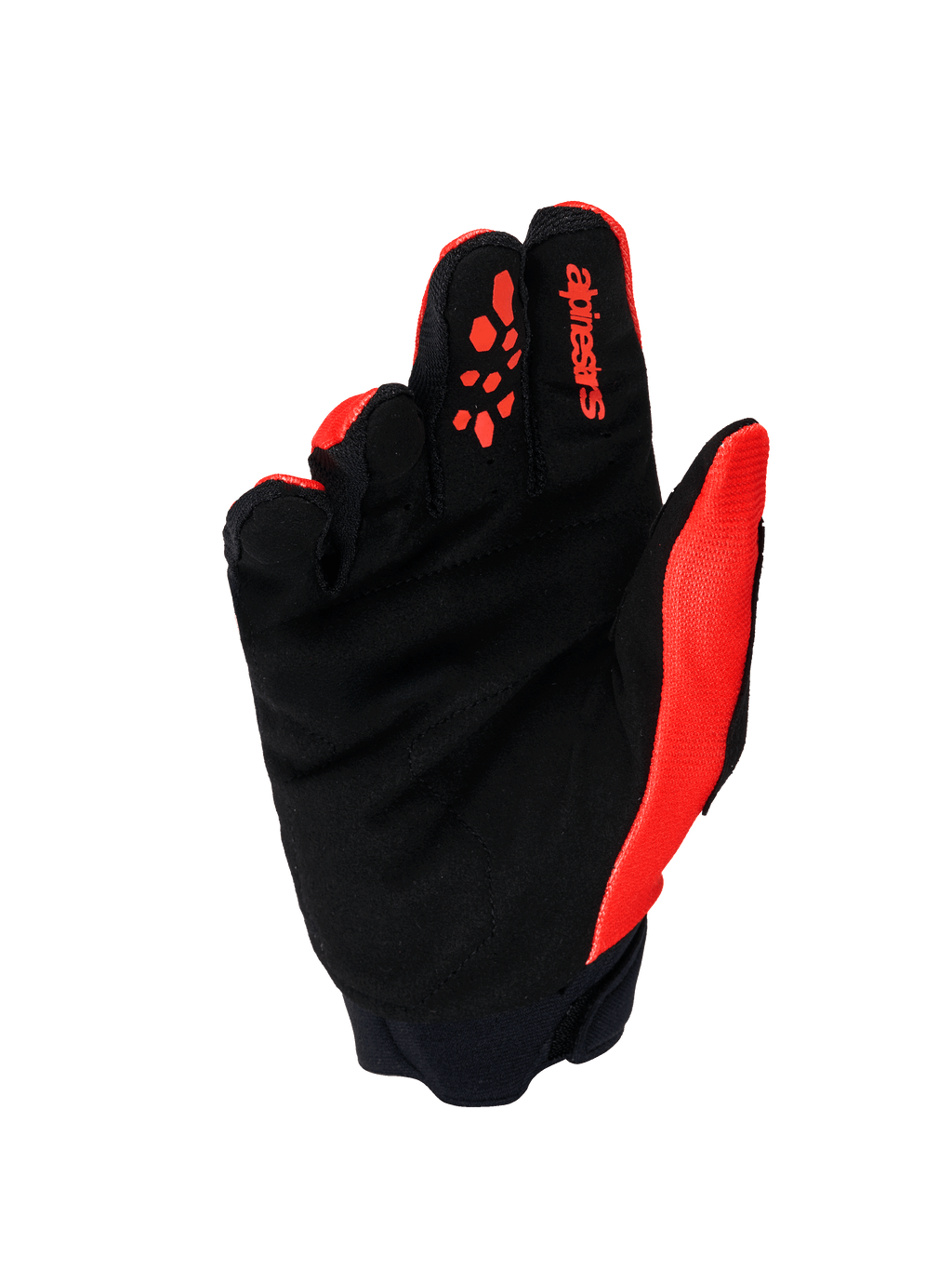 Gants Alpinestars Full Bore V2, gants de motocross, orange et noir, vue de la paume montrant la paume en suède synthétique renforcé, les grips de doigts en silicone orange, le logo Alpinestars rouge sur l'index et le poignet en néoprène.