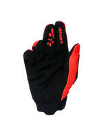 Gants Alpinestars Full Bore V2, gants de motocross, orange et noir, vue de la paume montrant la paume en suède synthétique renforcé, les grips de doigts en silicone orange, le logo Alpinestars rouge sur l'index et le poignet en néoprène.