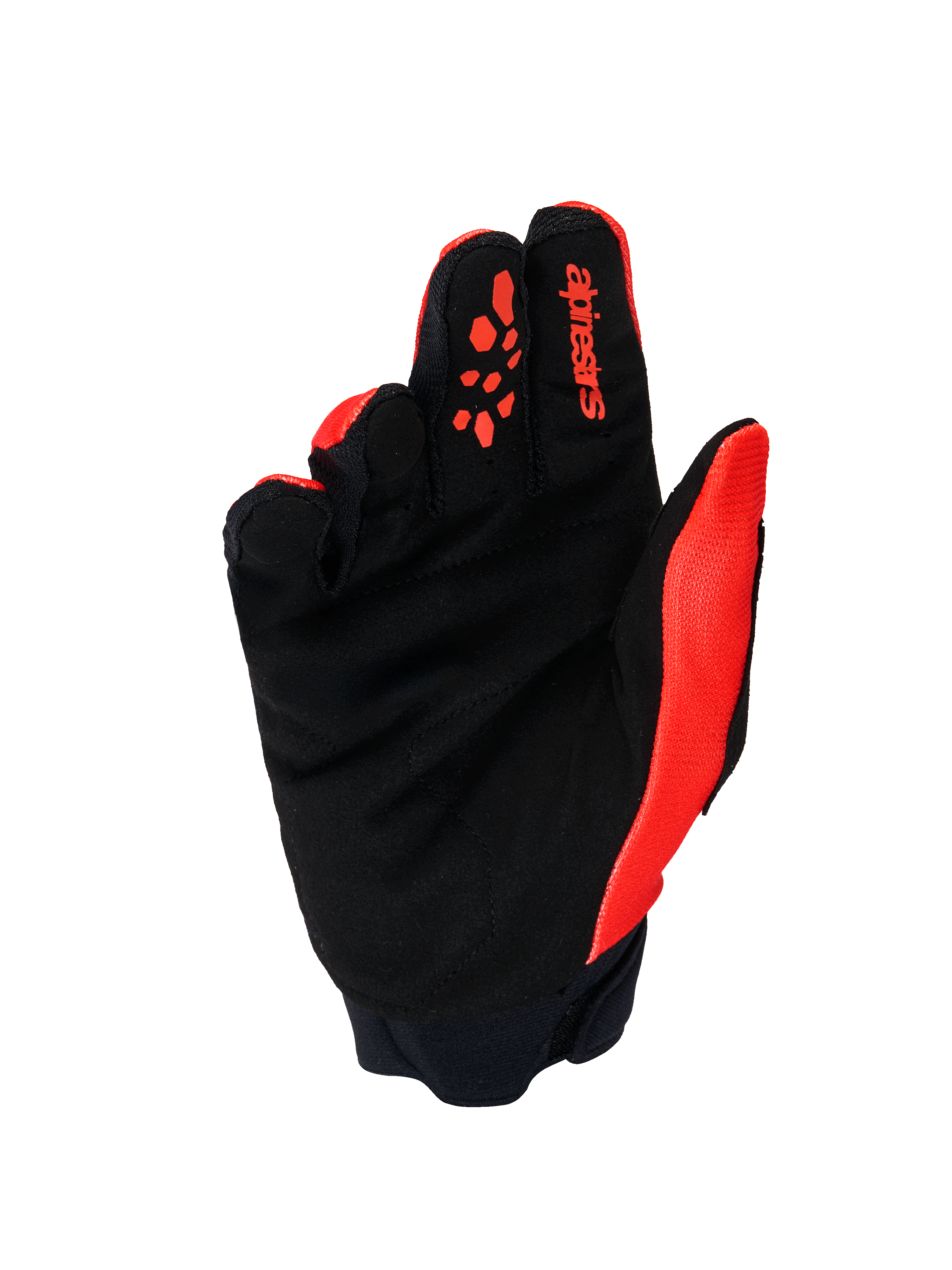 Gants Alpinestars Full Bore V2, gants de motocross, orange et noir, vue de la paume montrant la paume en suède synthétique renforcé, les grips de doigts en silicone orange, le logo Alpinestars rouge sur l'index et le poignet en néoprène.