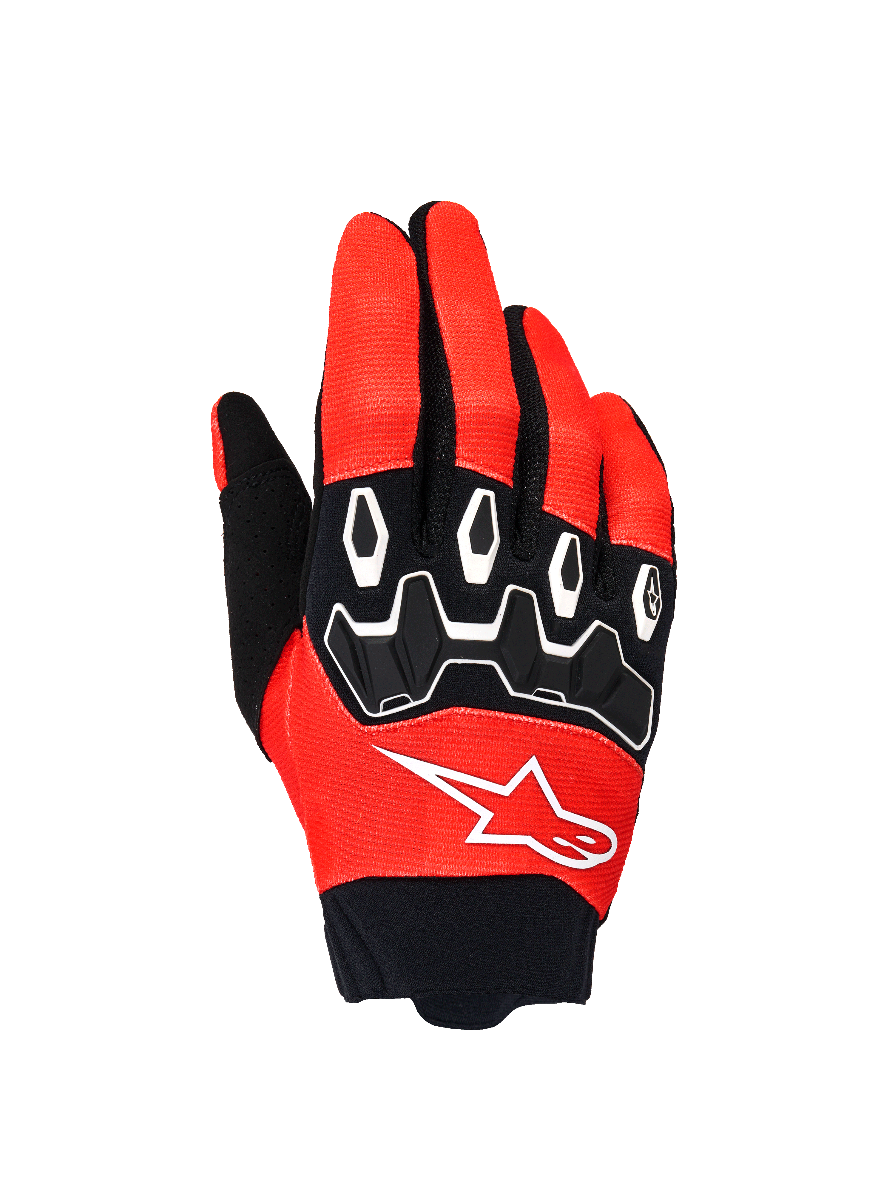 Gants Alpinestars Full Bore V2, gants de motocross, orange et noir, vue du dos de la main montrant la protection des articulations en TPR noir avec contours blancs, logo Alpinestars blanc sur tissu extensible respirant, conçu pour la performance tout-terrain