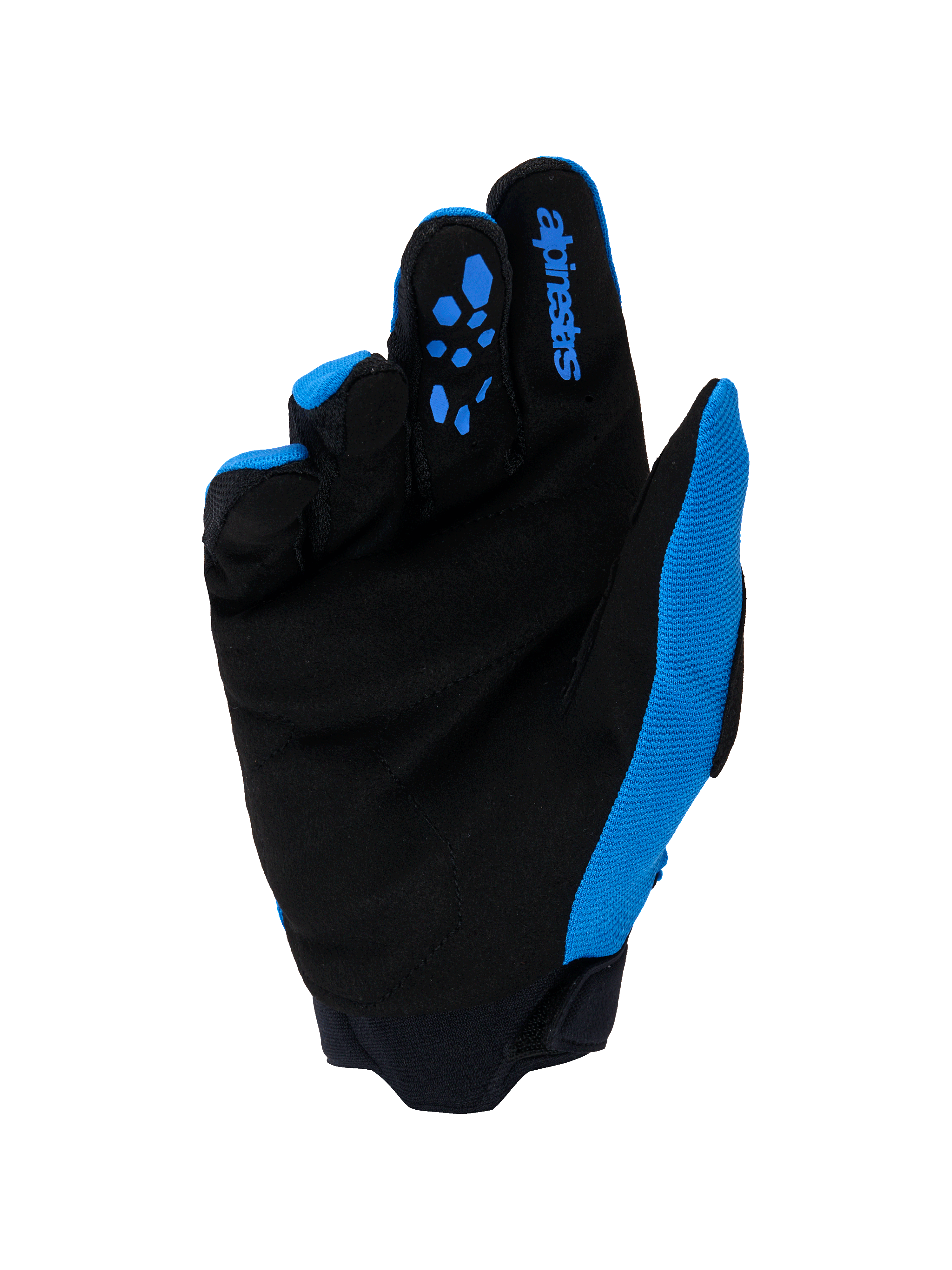 Gants Alpinestars Full Bore V2, gants de motocross, bleu UCLA et noir, vue de la paume avec suède synthétique renforcé, motifs d'adhérence en silicone bleu sur les doigts, logo Alpinestars et poignet en néoprène durable