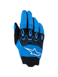 Gants Alpinestars Full Bore V2, gants de motocross, bleu UCLA et noir, avec un logo blanc imposant et une protection des articulations en TPR noir sur le dos de la main en tissu extensible respirant, conçus pour la compétition tout-terrain haute performance