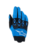 Gants Alpinestars Full Bore V2, gants de motocross, bleu UCLA et noir, avec un logo blanc imposant et une protection des articulations en TPR noir sur le dos de la main en tissu extensible respirant, conçus pour la compétition tout-terrain haute performance