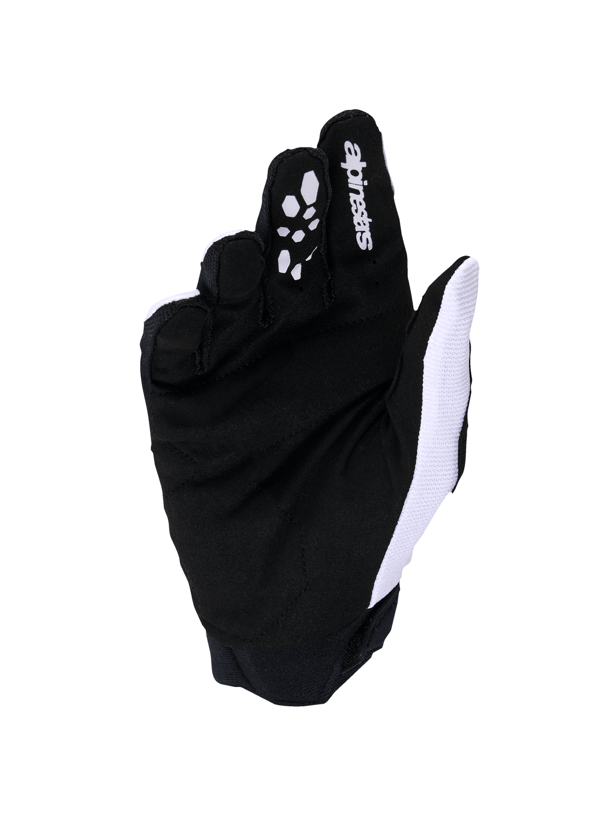 Alpinestars Full Bore V2 handschoenen, motocrosshandschoenen, lichtgrijs en zwart, handpalmweergave met versterkt synthetisch suède en siliconen grip op de vingers, wit ademend mesh aan de duimzijde en Alpinestars logo op de wijsvinger.