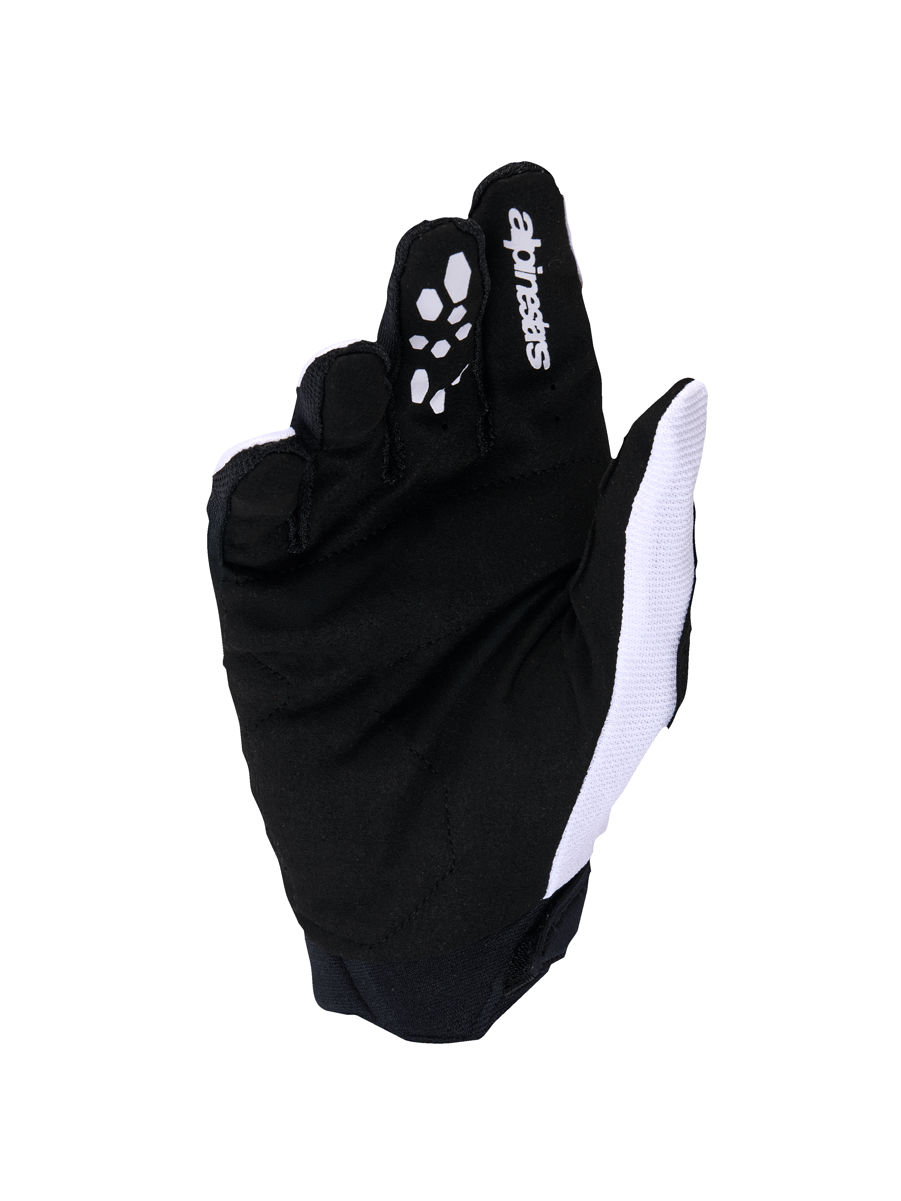 Gants Alpinestars Full Bore V2, gants de motocross, gris clair et noir, vue de la paume avec suède synthétique renforcé et grip en silicone sur les doigts, mesh respirant blanc sur le côté du pouce et logo Alpinestars sur l'index.