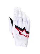 Alpinestars Supertech MX Gloves, Motocross Gloves, White with Black and Fire Red accents, backhand view featuring a bold Astar logo, extensive laser perforations for ventilation, and a lightweight seamless stretch construction for professional racing.