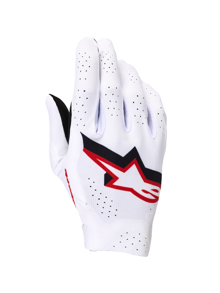 Alpinestars Supertech MX Handschuhe, Motocross-Handschuhe, Weiß mit schwarzen und Fire Red Akzenten, Rückhand-Ansicht mit markantem Astar-Logo, umfassende Laserperforationen zur Belüftung und eine leichte, nahtlose Stretch-Konstruktion für den professionellen Rennsport.