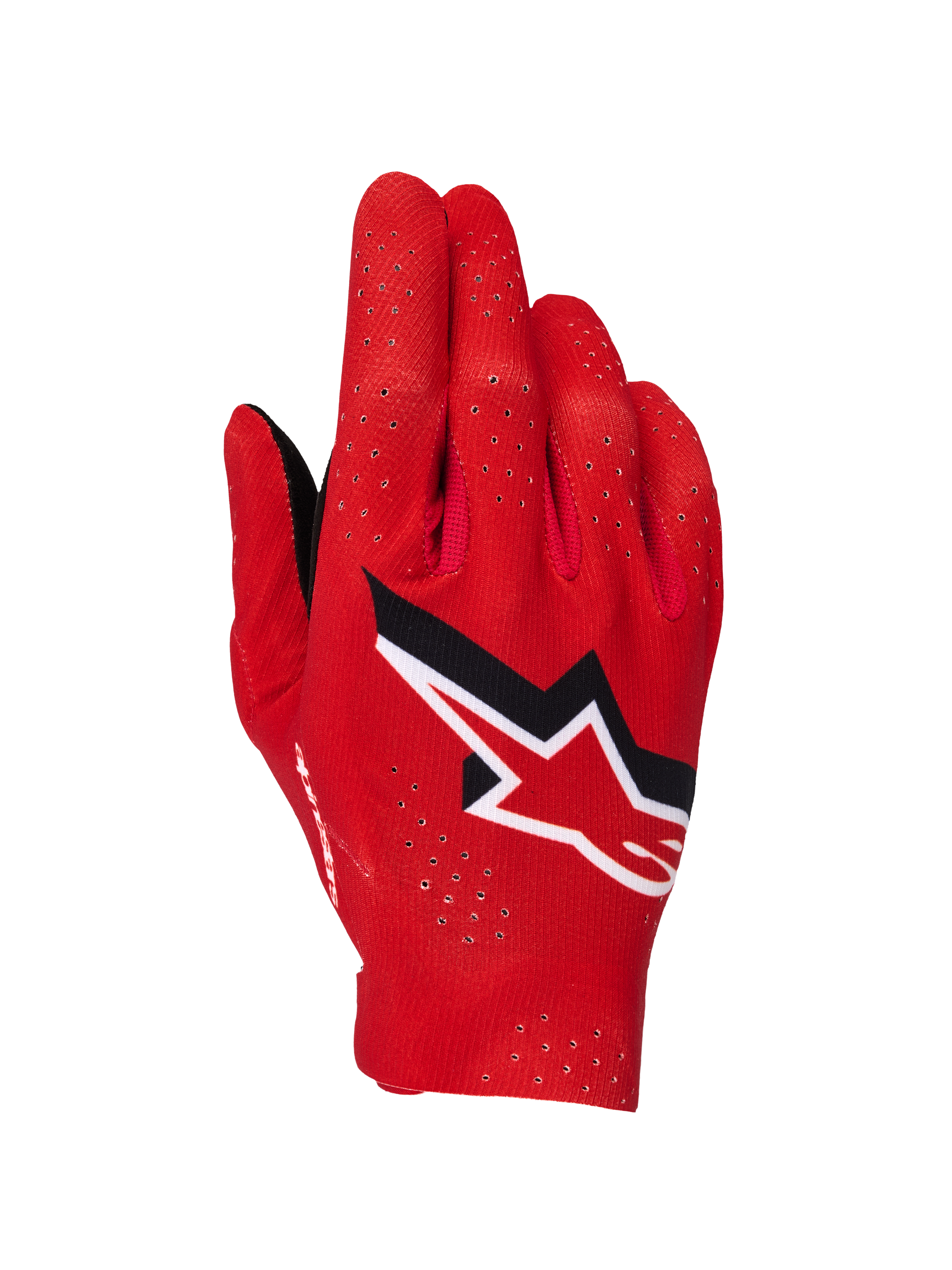 Gants Alpinestars Supertech MX, gants de motocross, rouge feu, noir et blanc, vue du dos de la main montrant les perforations laser pour la ventilation, logo étoile Alpinestars blanc et noir proéminent, conception en textile extensible léger pour la course tout-terrain