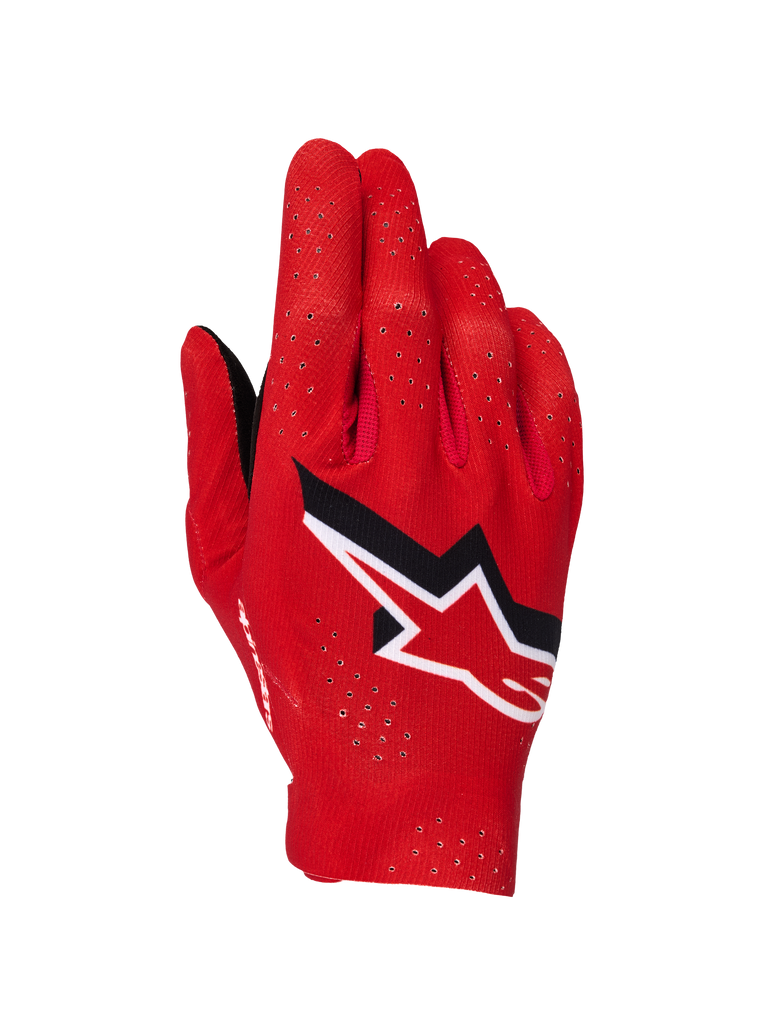 Alpinestars Supertech MX Handschuhe, Motocross-Handschuhe, Fire Red, Schwarz und Weiß, Ansicht der Oberhand mit Laser-Perforationen zur Belüftung, markantes weiß-schwarzes Alpinestars-Sternlogo, leichtes Stretch-Gewebe für Offroad-Rennsport