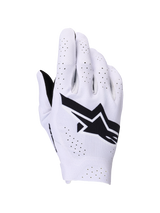 Alpinestars Supertech MX Handschuhe, Motocross-Handschuhe, Helllila und Schwarz, Handrückenansicht mit großem schwarzem Alpinestars-Logo und lasergeschnittenen Perforationen für Luftzirkulation, leichte einlagige Stretch-Konstruktion für den Offroad-Rennsport.