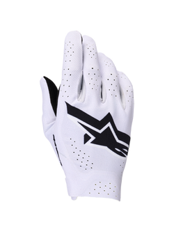 Gants Alpinestars Supertech MX, gants de motocross, lilas clair et noir, vue du dos de la main montrant un grand logo Alpinestars noir et des perforations au laser pour la circulation de l'air, construction extensible monocouche légère pour le tout-terrain