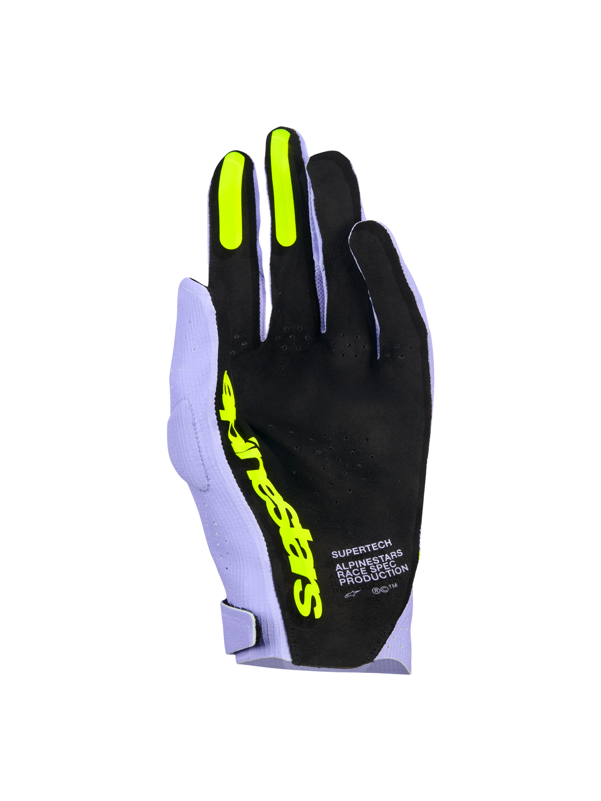 Alpinestars Supertech MX Handschuhe, Motocross-Handschuhe, Lavender Violett und Fluo Gelb, Ansicht der Handfläche mit schwarzem, perforiertem Material, fluo-gelben Silikon-Grips an Zeige- und Mittelfinger, markantes gelbes Alpinestars-Branding und 'Race Spec Production'-Schriftzug, Hochleistungs-Offroad-Rennausrüstung