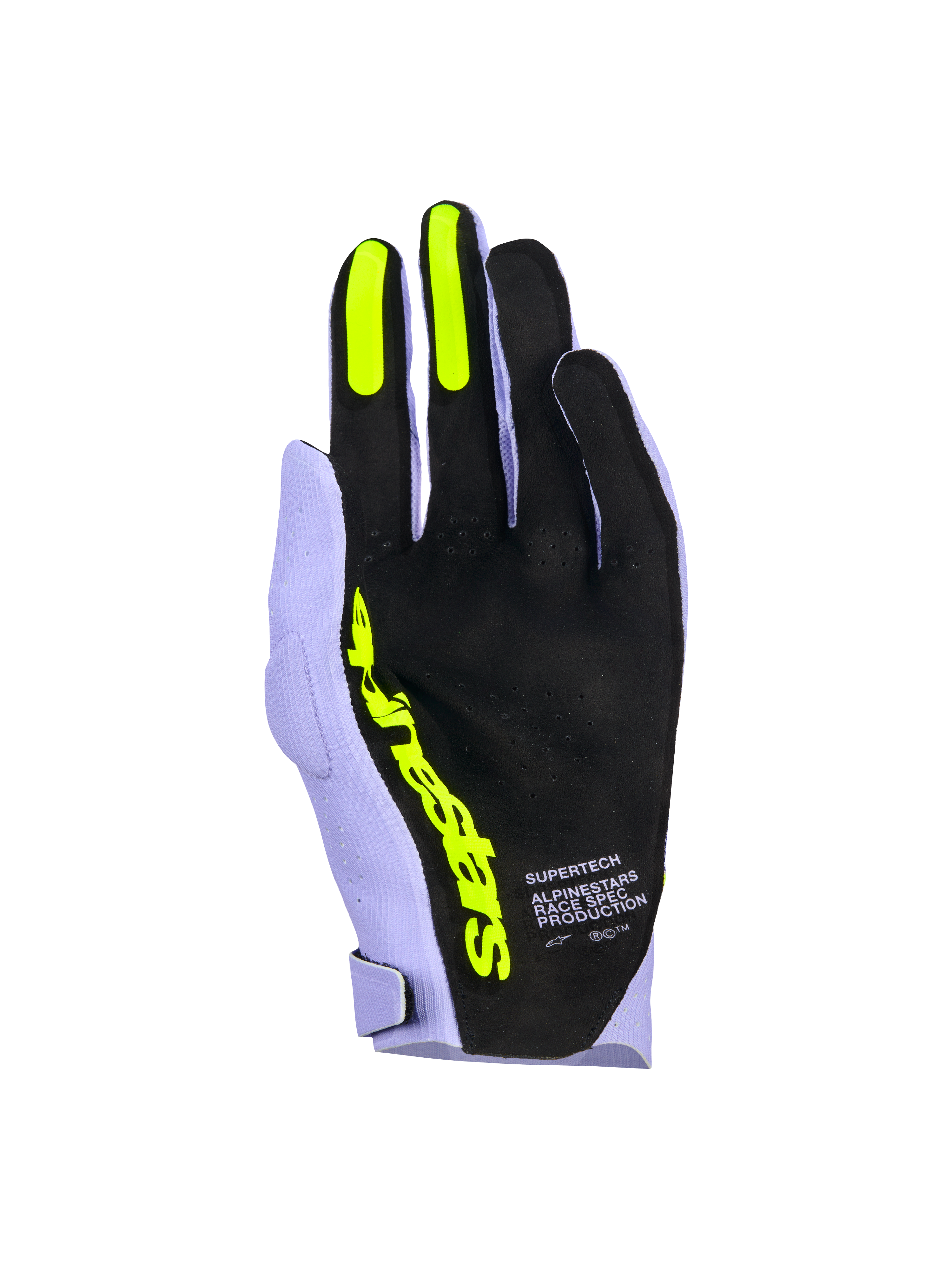 Alpinestars Supertech MX Handschuhe, Motocross-Handschuhe, Lavender Violett und Fluo Gelb, Ansicht der Handfläche mit schwarzem, perforiertem Material, fluo-gelben Silikon-Grips an Zeige- und Mittelfinger, markantes gelbes Alpinestars-Branding und 'Race Spec Production'-Schriftzug, Hochleistungs-Offroad-Rennausrüstung
