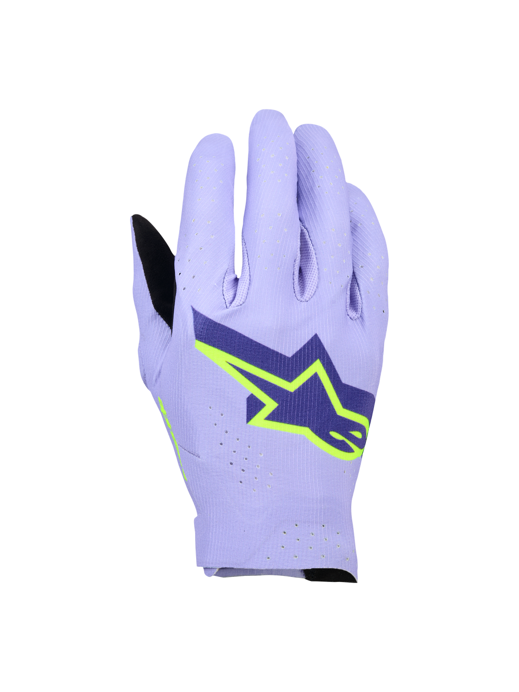 Alpinestars Supertech MX Handschuhe, Motocross-Handschuhe, Lavendel-Violett und Fluo-Gelb, mit großem Stern-Logo in Navyblau und Neongelb, laserperforierte Oberhand für Atmungsaktivität, leichtes, einlagiges Stretch-Design für den Offroad-Rennsport.