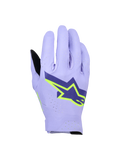 Alpinestars Supertech MX Handschuhe, Motocross-Handschuhe, Lavendel-Violett und Fluo-Gelb, mit großem Stern-Logo in Navyblau und Neongelb, laserperforierte Oberhand für Atmungsaktivität, leichtes, einlagiges Stretch-Design für den Offroad-Rennsport.