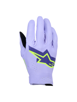 Alpinestars Supertech MX Gloves, Motocross Racing Gloves, Lavender Violet and Fluo Yellow, featuring a large navy and neon yellow star logo, laser-perforated backhand for breathability, lightweight single-layer stretch design for off-road racing.