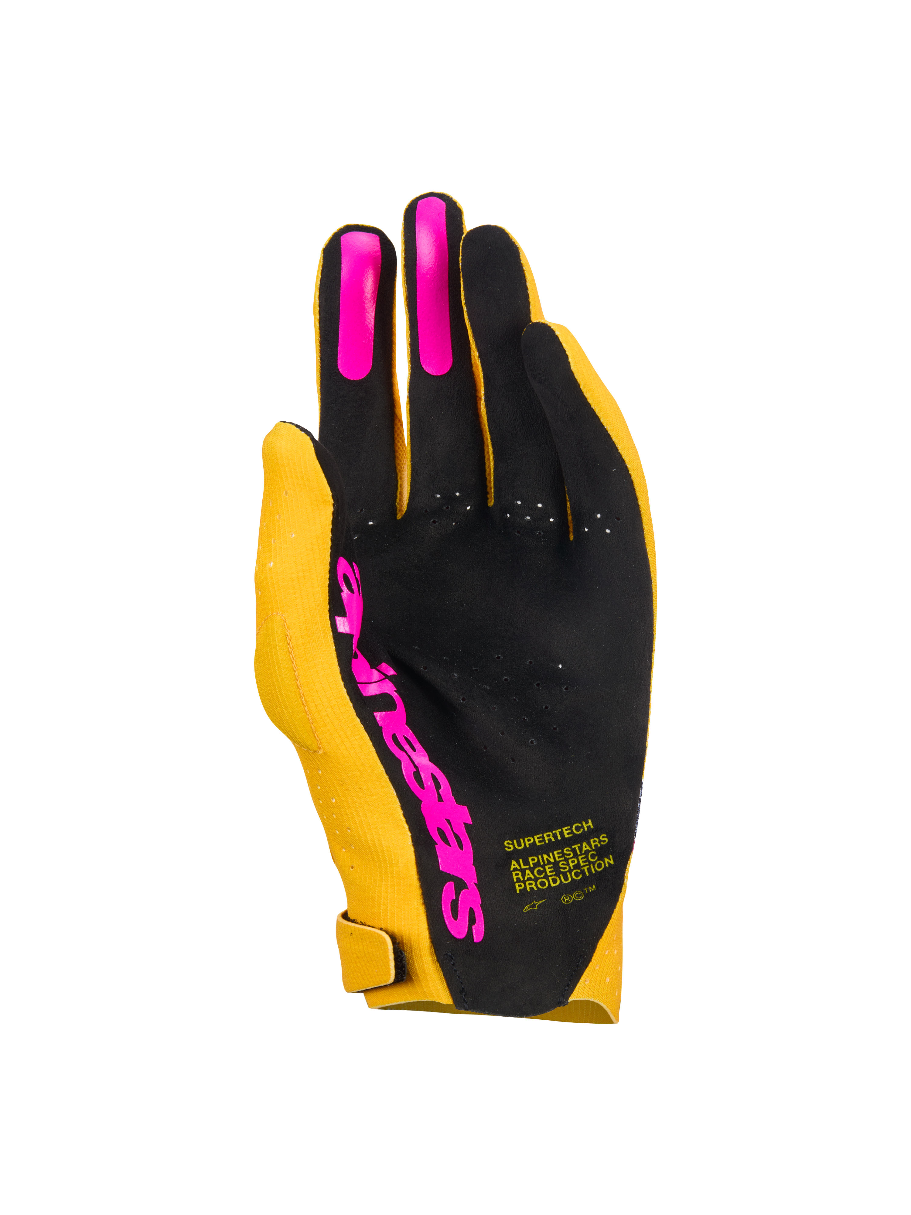 Alpinestars Supertech MX Handschuhe, Motocross-Handschuhe, Gold, Schwarz und Fluo-Pink, Ansicht der Handfläche mit einlagiger, perforierter Handfläche, pinkfarbenen Silikon-Grips an den Fingern und Alpinestars-Logo, leichte Rennausrüstung