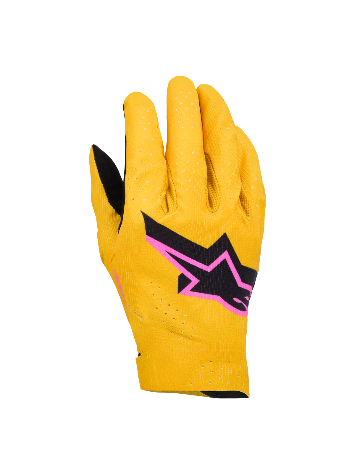 Alpinestars Supertech MX Gloves, gants de motocross, or, noir et rose fluo, avec construction extensible monocouche perforée au laser, logo étoile noir avec bordure rose, design respirant et flexible pour la course tout-terrain