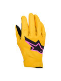 Alpinestars Supertech MX Handschuhe, Motocross-Rennhandschuhe, Gold, Schwarz und Fluo-Pink, mit laserperforierter einlagiger Stretch-Konstruktion, schwarzes Stern-Logo mit pinkfarbenem Rand, atmungsaktives und flexibles Design für den Offroad-Rennsport