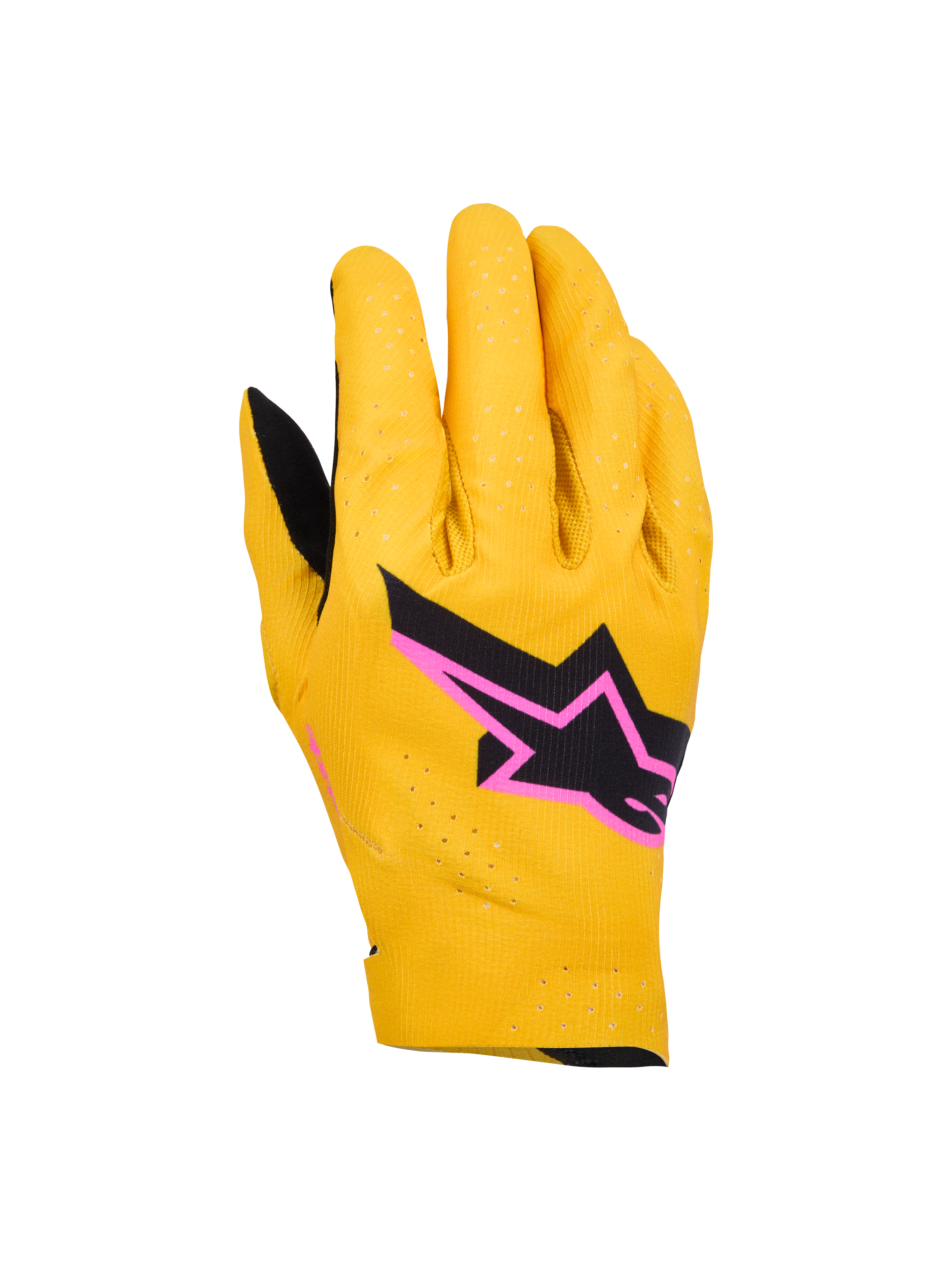 Alpinestars Supertech MX Handschuhe, Motocross-Rennhandschuhe, Gold, Schwarz und Fluo-Pink, mit laserperforierter einlagiger Stretch-Konstruktion, schwarzes Stern-Logo mit pinkfarbenem Rand, atmungsaktives und flexibles Design für den Offroad-Rennsport