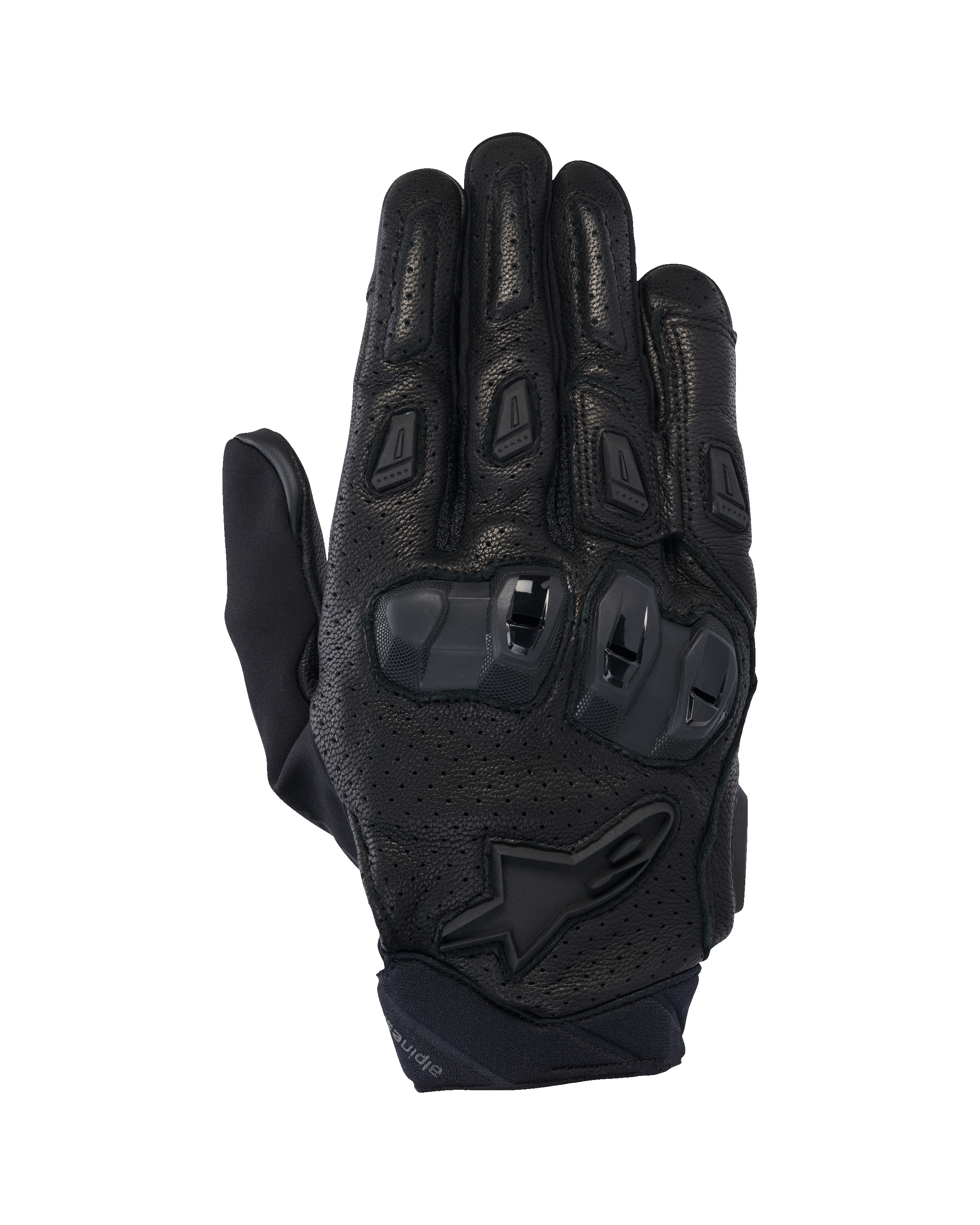 Alpinestars SP X 7 handschoenen, korte motorhandschoenen, zwart, met geperforeerd leer voor ventilatie, TPU-knokkelbescherming met dubbele dichtheid, Alpinestars-sterlogo op de pols en ergonomische vinger-sliders