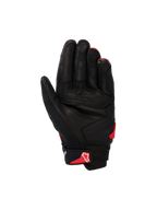 Alpinestars SP X 7 handschoenen, korte motorhandschoenen, zwart en felrood, handpalmaanzicht met geperforeerde leren constructie, versterkte handpalmpanelen en rood Astars-logo op de polsband