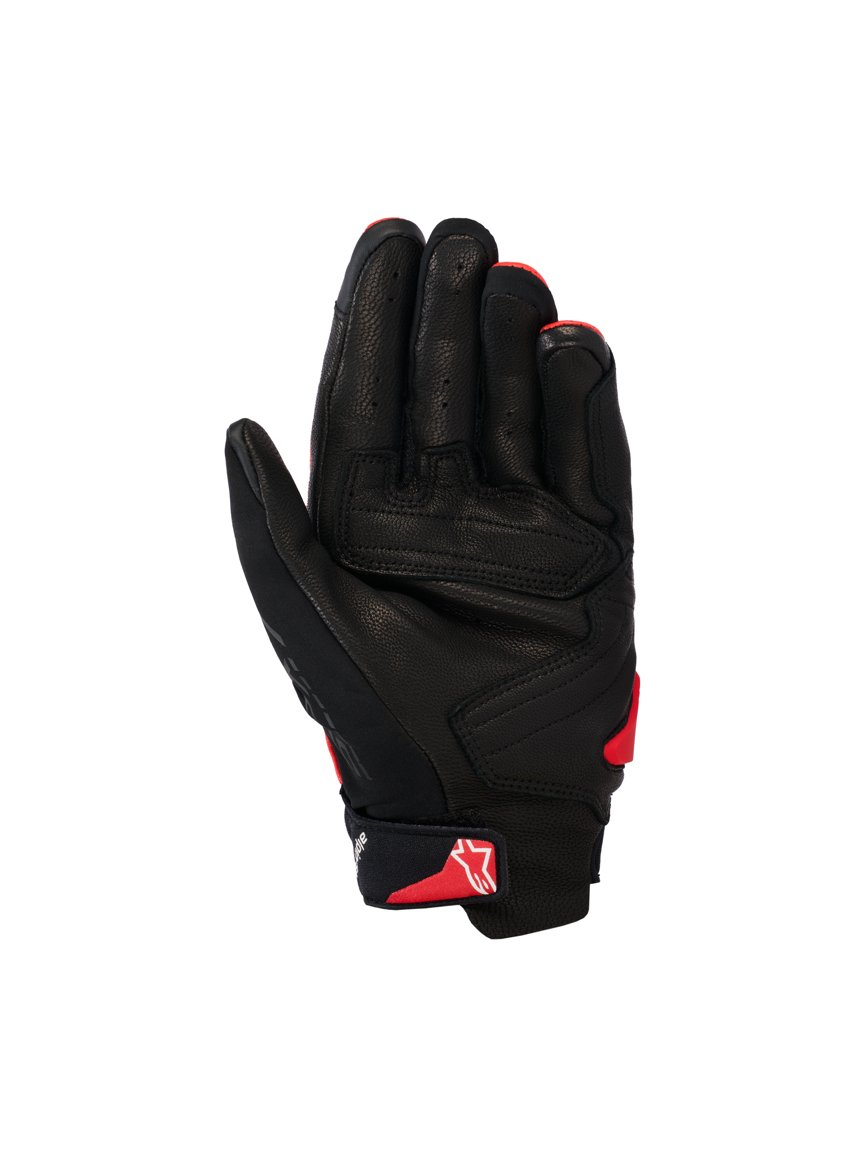 Alpinestars SP X 7 handschoenen, korte motorhandschoenen, zwart en felrood, handpalmaanzicht met geperforeerde leren constructie, versterkte handpalmpanelen en rood Astars-logo op de polsband