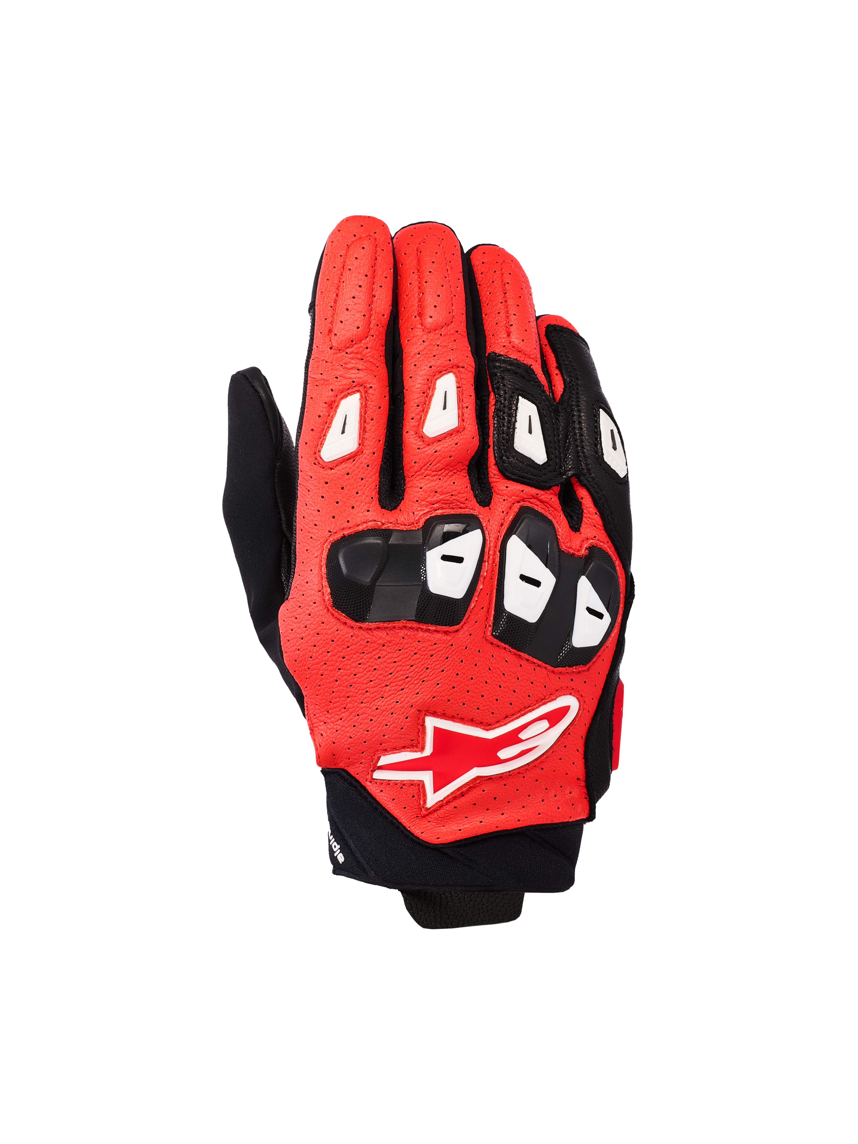 Gants Alpinestars SP X 7, gants de moto de course à manchette courte, noir, rouge vif et blanc, construction en cuir perforé, protection TPU des articulations et des doigts, logo étoile Alpinestars sur le dos de la main
