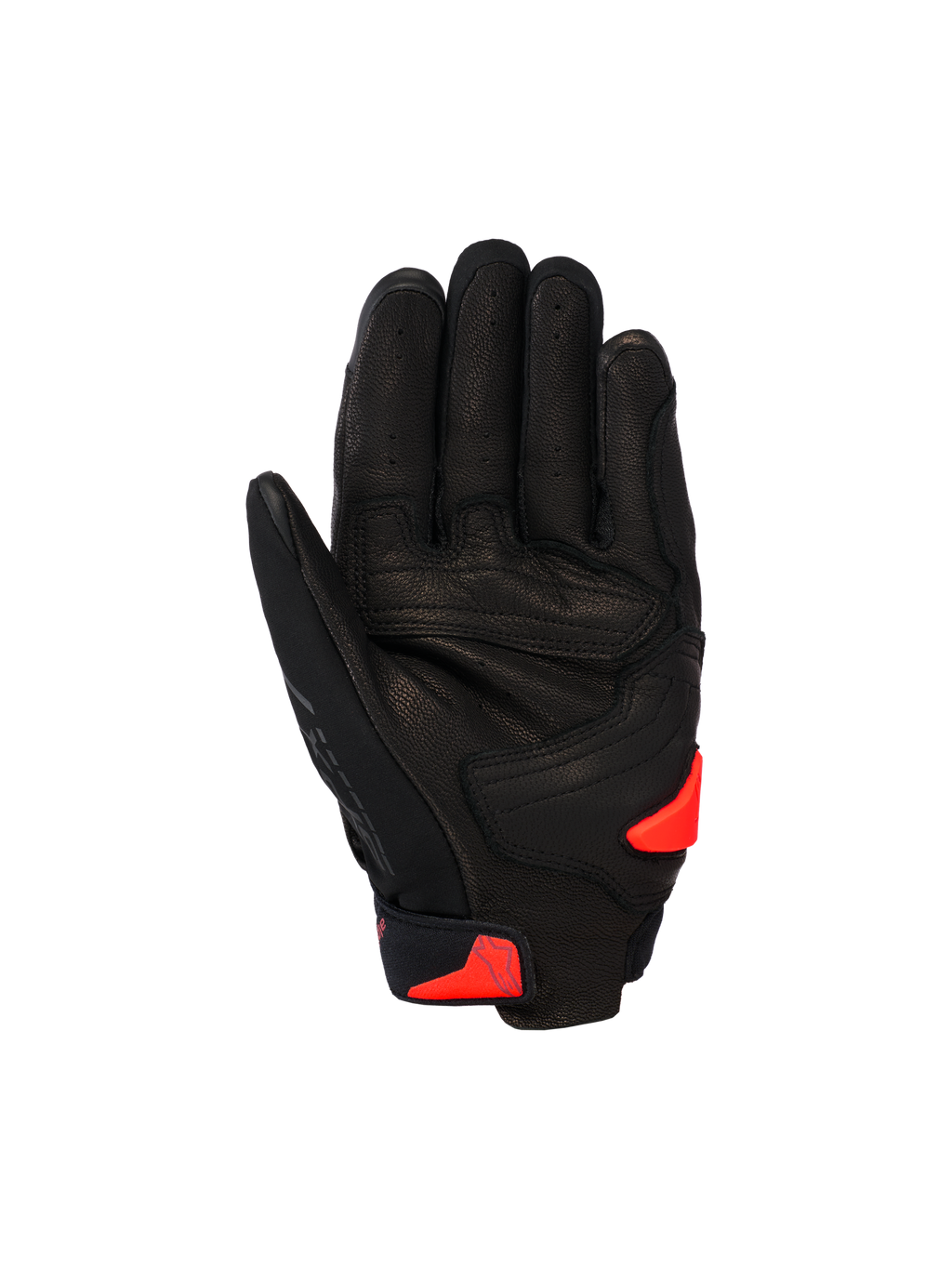 Alpinestars SP X 7 Handschuhe, kurze Sport-Motorradhandschuhe, Schwarz mit Red Fluo Akzenten, Handflächenansicht mit perforierter Lederkonstruktion, verstärkter Handflächenbereich und TPR-Handflächen-Slider.