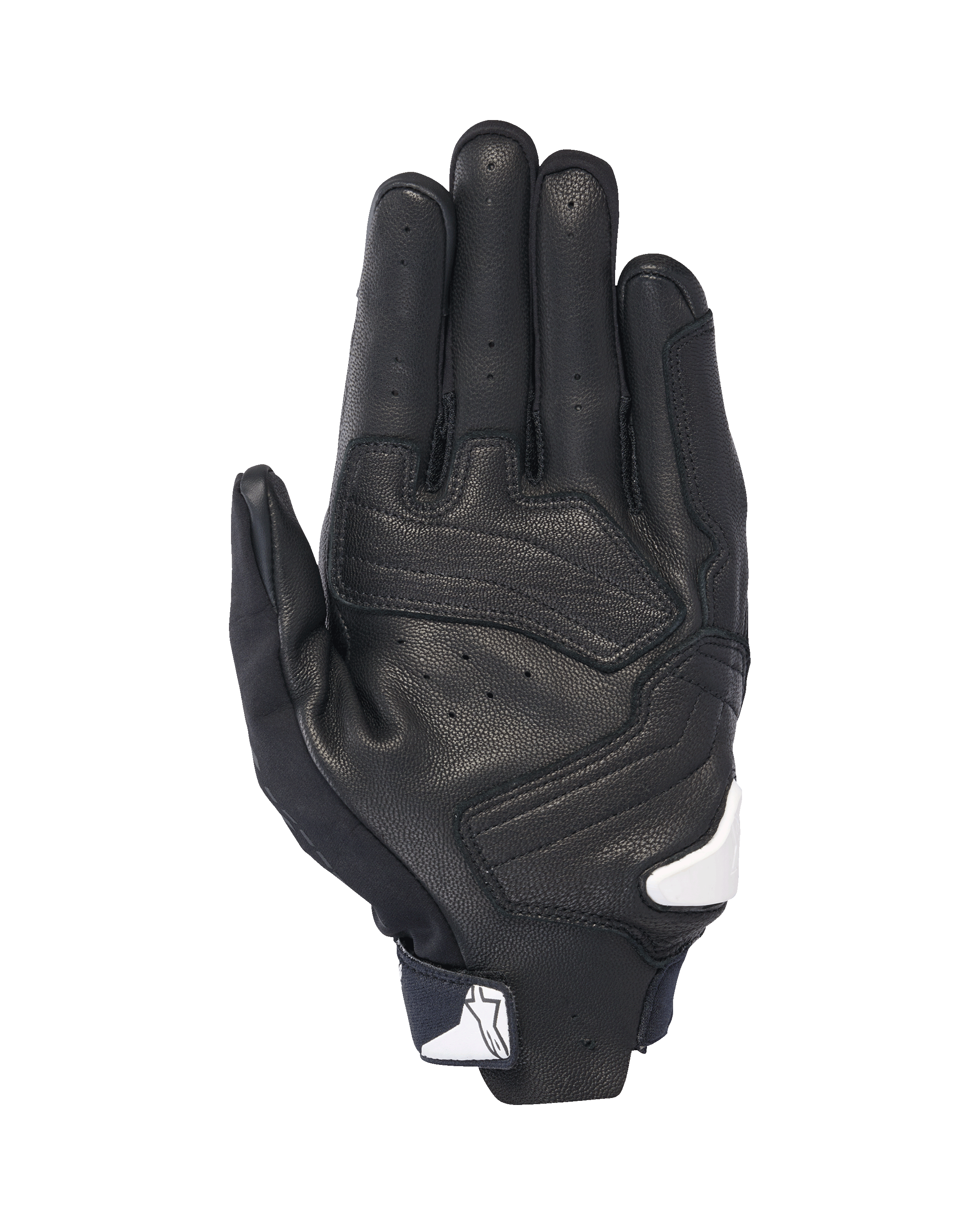 Alpinestars SP X 7 Gloves, Palm view, Black with white accents, short-cuff motorcycle gloves featuring perforated leather, reinforced palm overlays, and white Alpinestars logo on the wrist closure