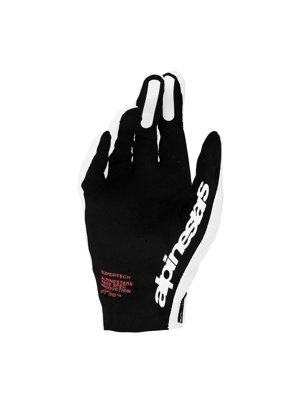 Alpinestars Supertech MX handschoenen 2027, zwart-witte motorcrosshandschoenen met rode accenten en geperforeerde rugzijde.