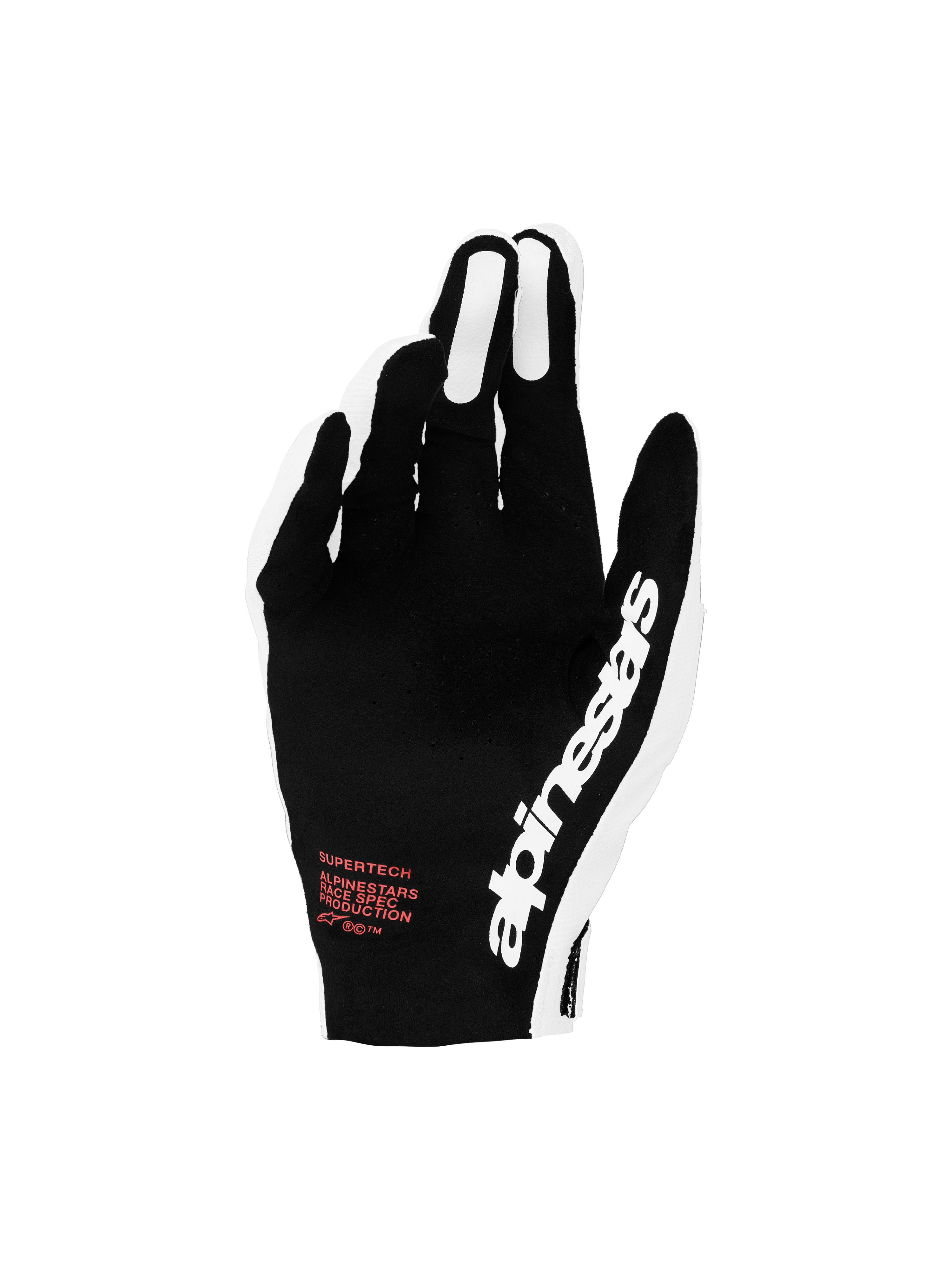 Alpinestars Supertech MX handschoenen 2027, zwart-witte motorcrosshandschoenen met rode accenten en geperforeerde rugzijde.